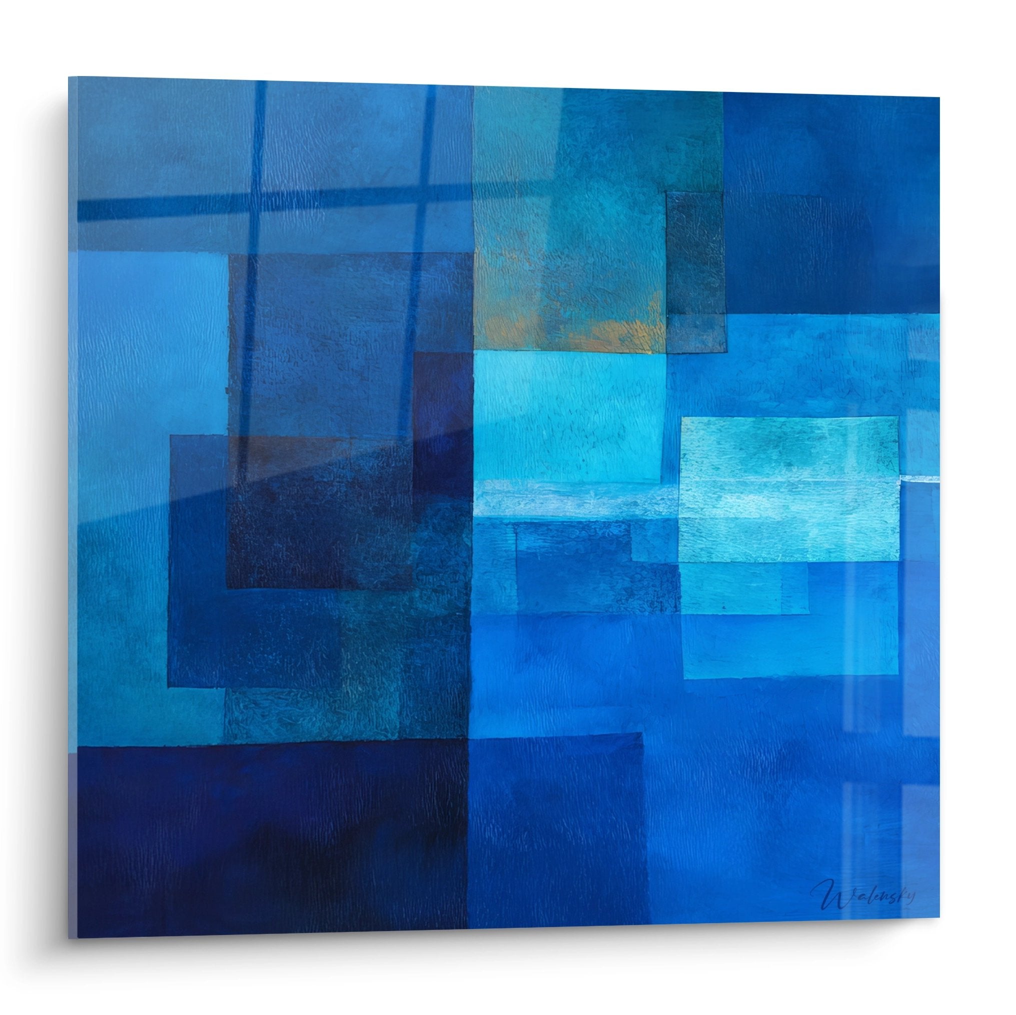 Tableau mural rectangles bleus géométrique abstrait superposés effet transparence art moderne