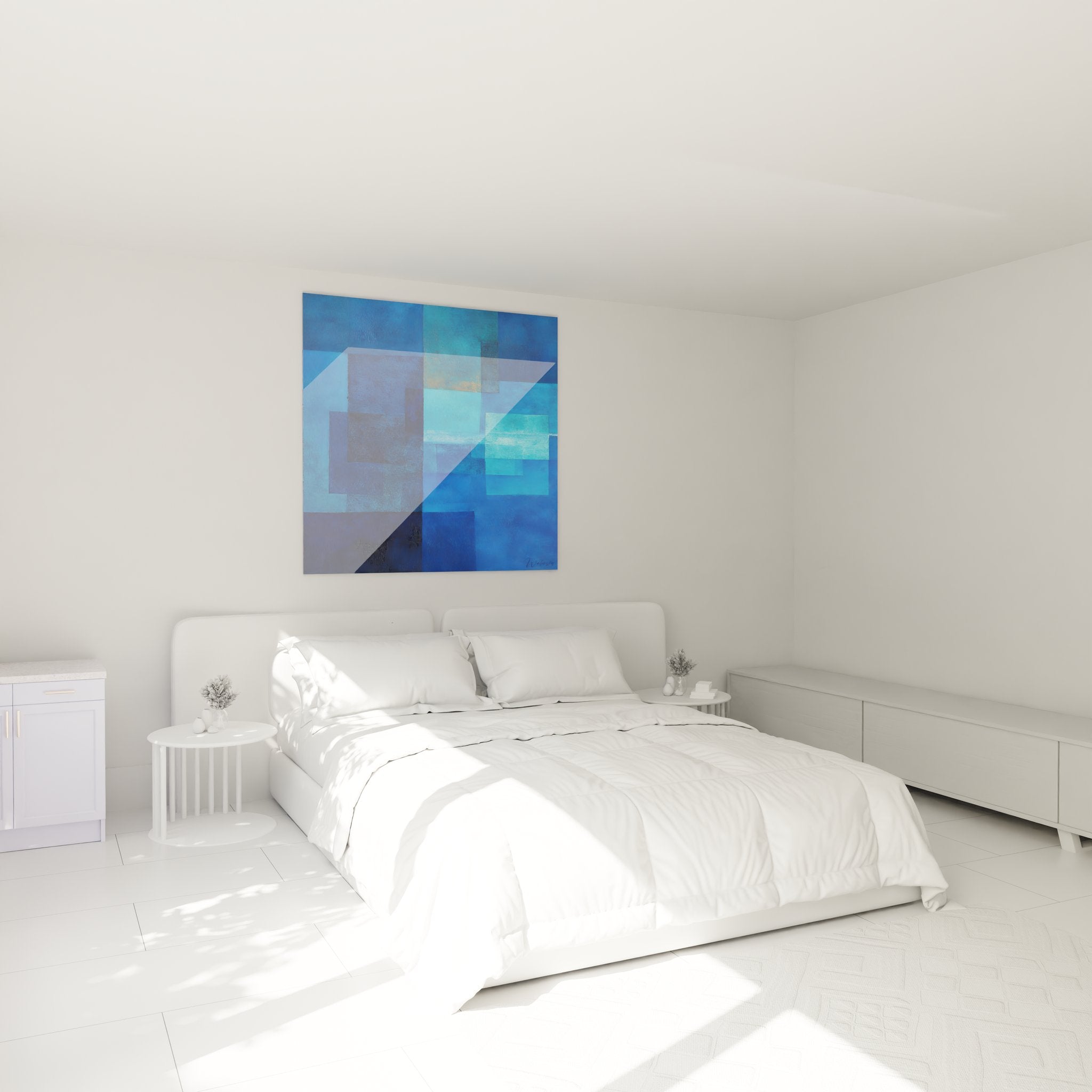 Tableau rectangles bleus géométrique dans chambre moderne décoration murale art abstrait