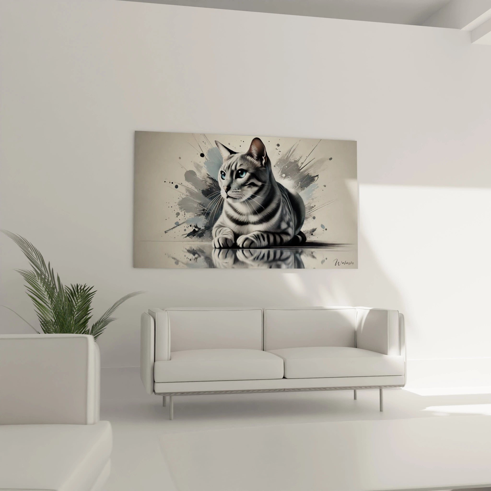 Ce tableau chat apportera une touche de sophistication à votre salon. Accroché au-dessus du canapé, il crée un contraste visuel parfait avec ses détails raffinés et son fond abstrait.
