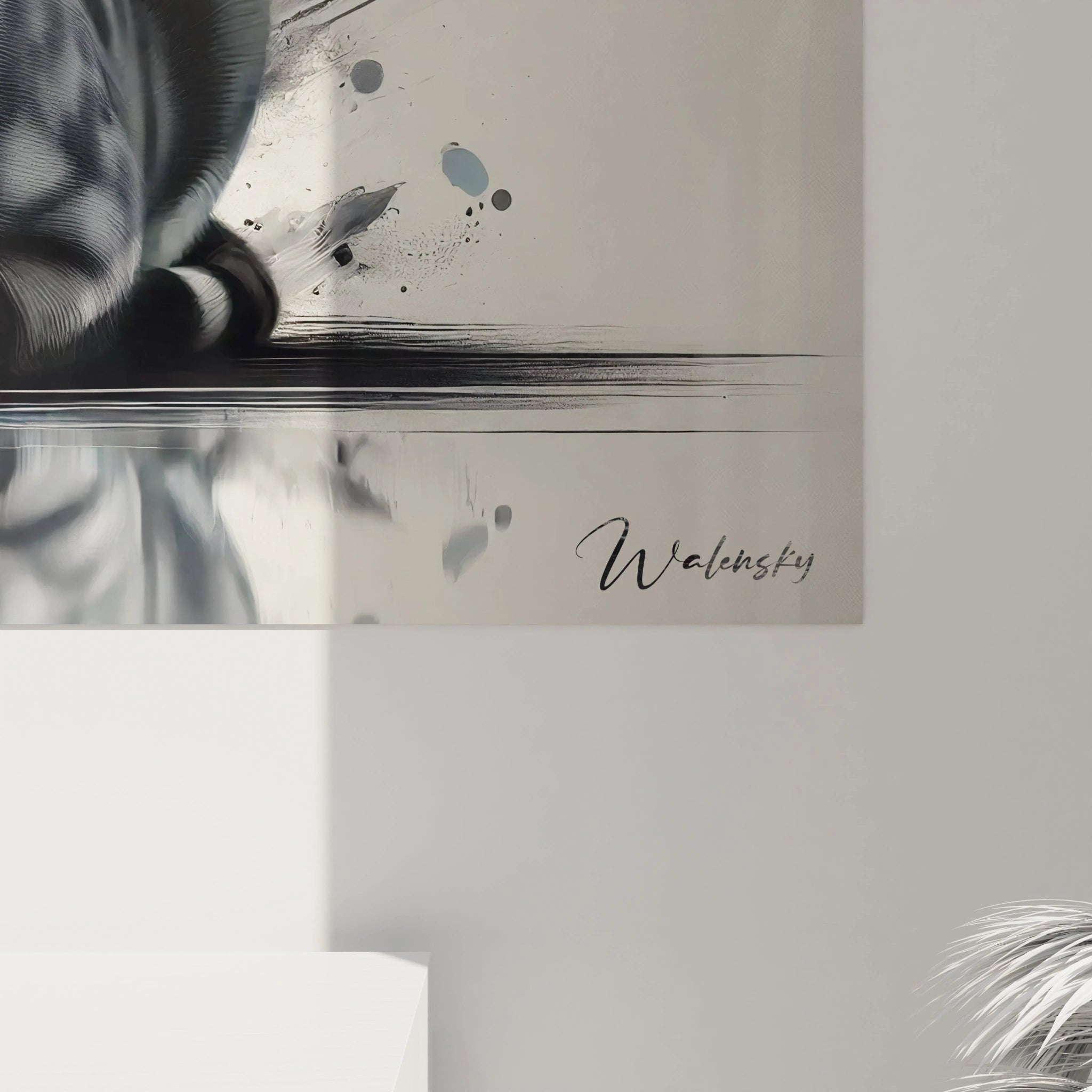 Admirez de près les détails minutieux de ce tableau chat. Les yeux perçants du félin et ses nuances argentées captivent l'attention, ajoutant une touche d'art moderne à votre espace.