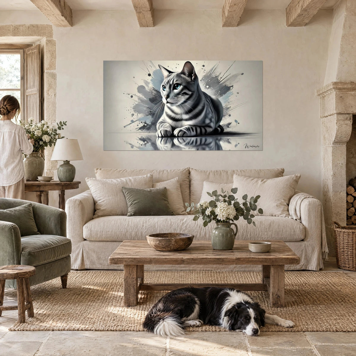 Wall art Grey tabby cat with turquoise eyes, bluish splashes, a woman seen from behind and a collie, above a sofa in a bright living room