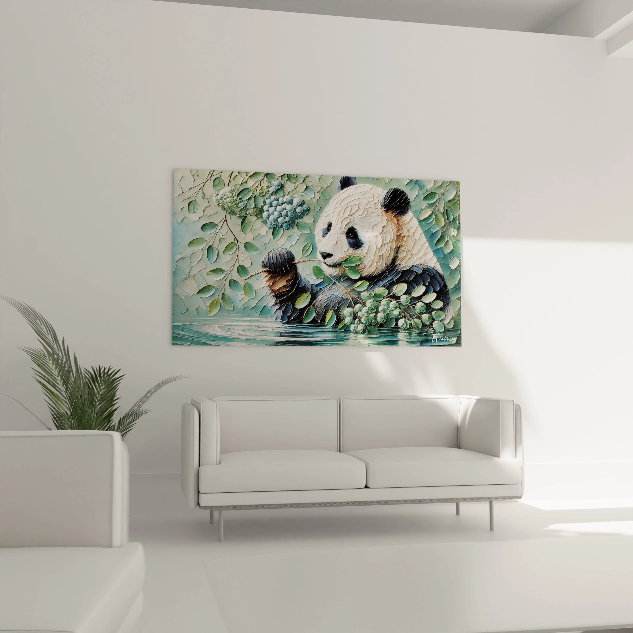 Ce tableau panda geant, accroché au-dessus d un canapé, ajoute une touche de nature et de douceur a votre salon. Le panda realiste et les tons verts et bleus apportent une tranquillité inspiree de la nature.