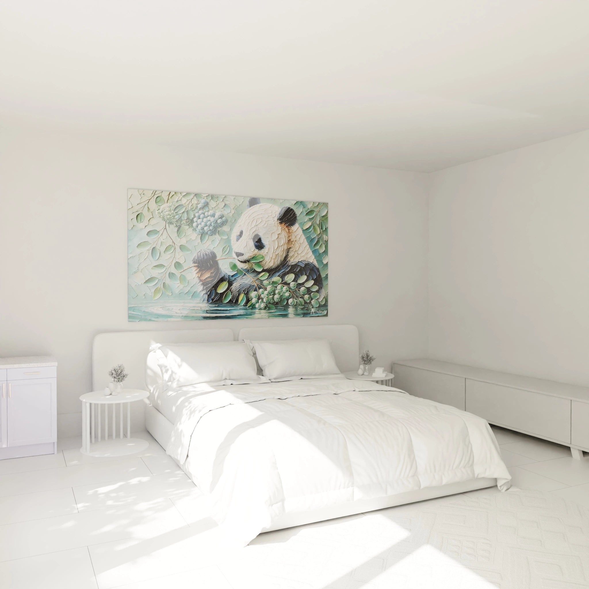 Tableau panda geant accroché au mur dans une chambre. Le vert et le bleu de la vegetation luxuriante creent une ambiance apaisante, parfait pour un espace de repos.