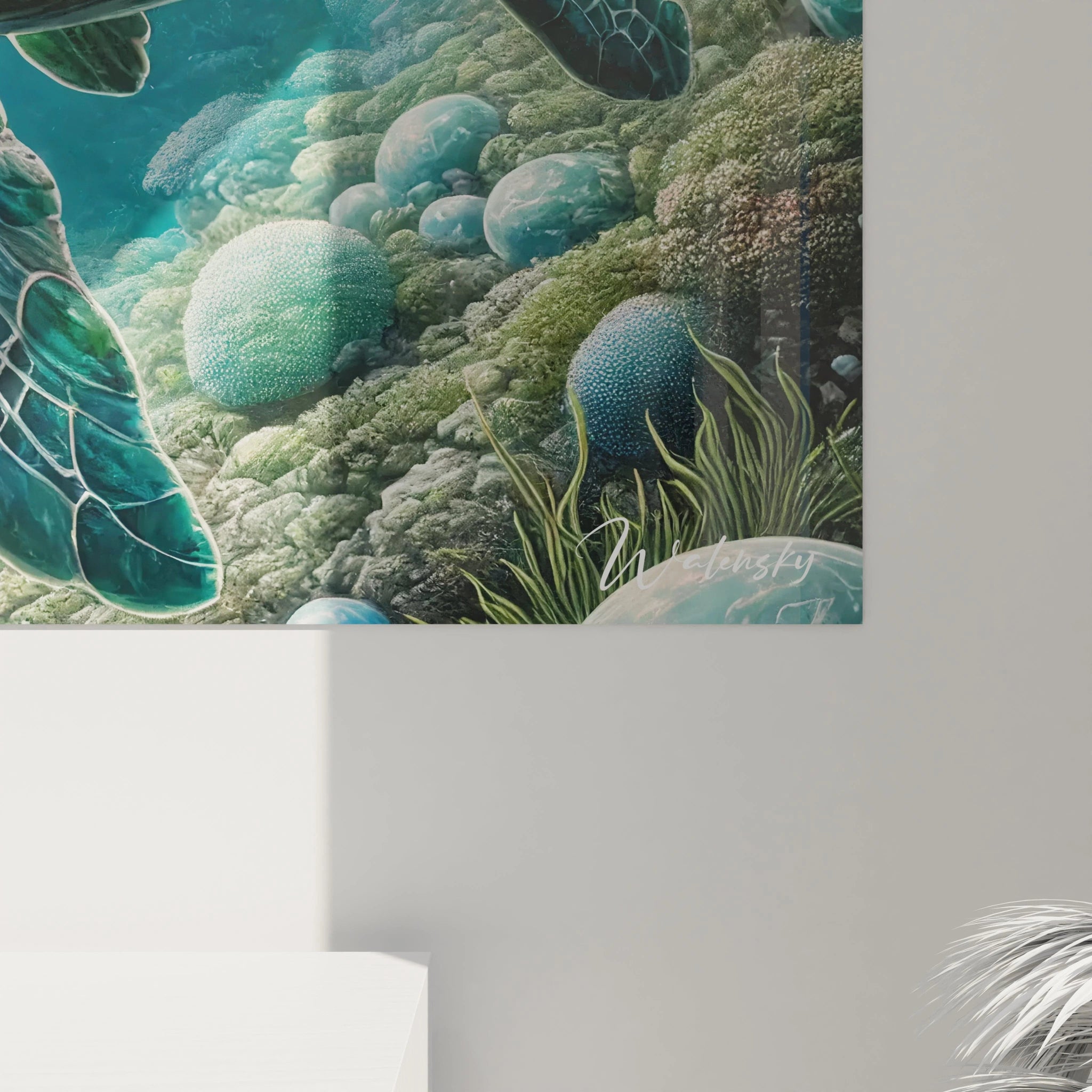 Vue de près, ce tableau tortue de mer révèle des détails incroyables, de la carapace minutieusement texturée aux nuances de vert. Une œuvre parfaite pour ceux qui aiment l’art inspiré de la vie marine.