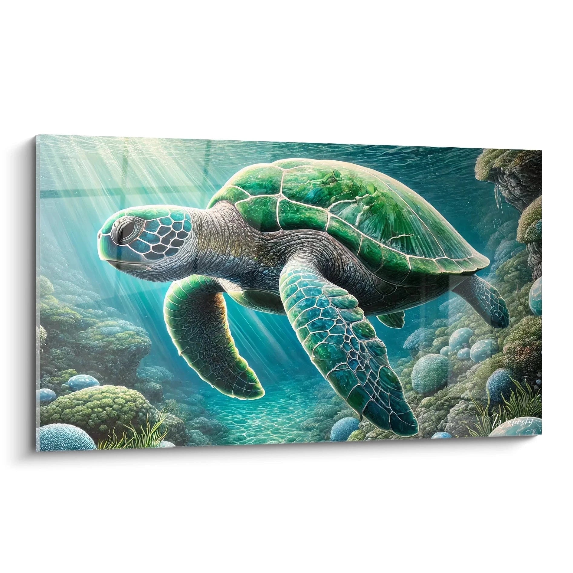 Ce tableau tortue de mer apporte une touche artistique unique avec ses couleurs marines et ses détails réalistes. Présenté de biais, il dévoile toute la profondeur de son environnement sous-marin apaisant.