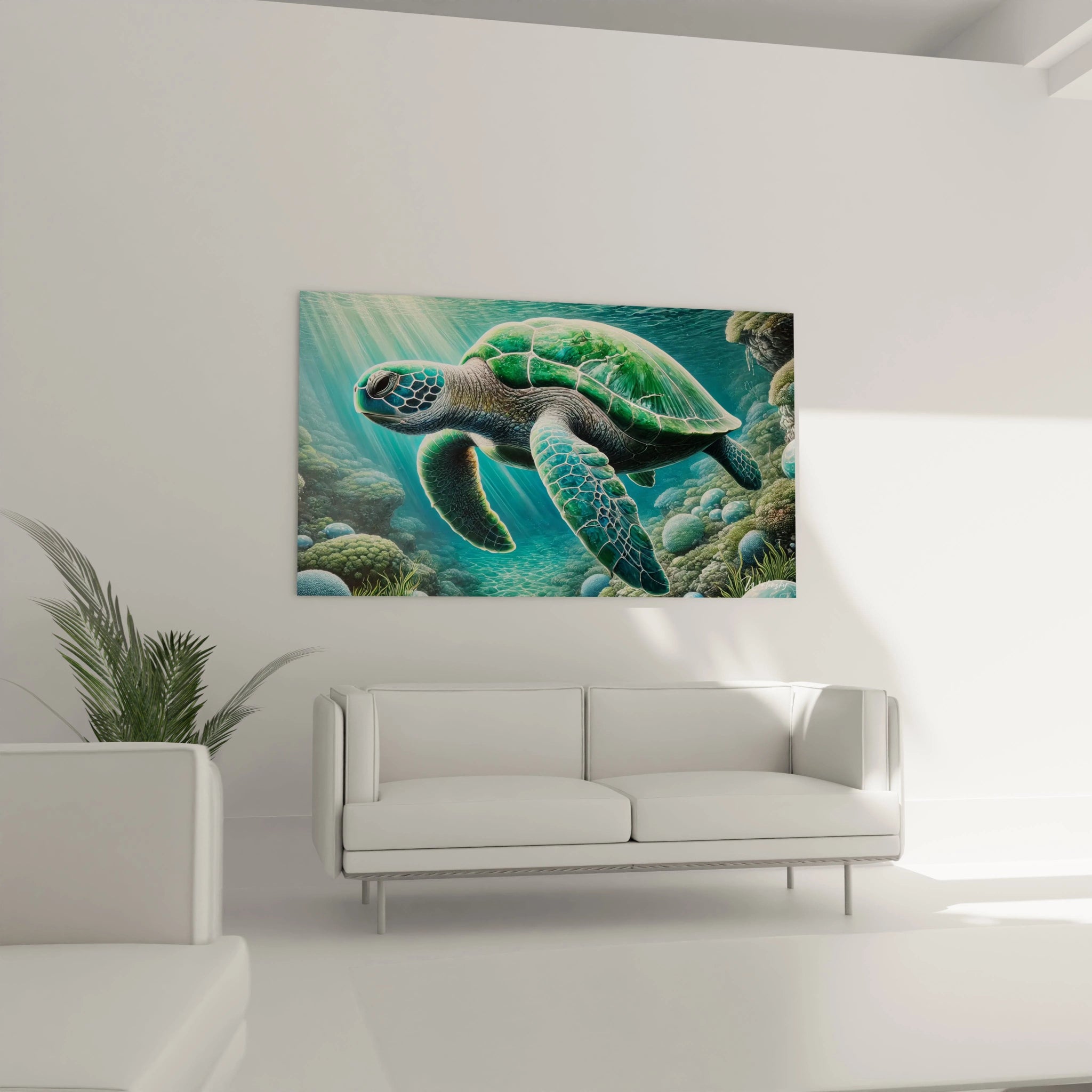 Ce tableau tortue de mer au-dessus du canapé transforme votre salon avec une touche exotique. La majestueuse tortue et ses détails précis plongent la pièce dans une ambiance d'évasion marine.