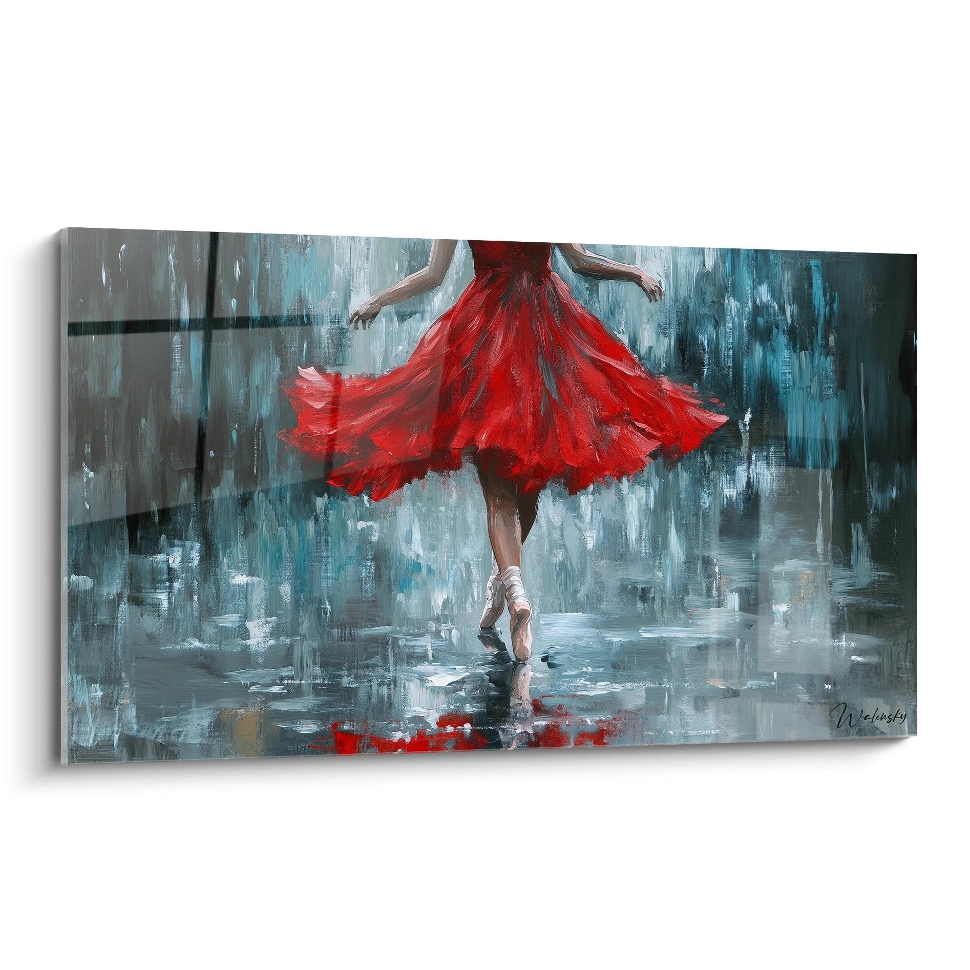Un tableau danseuse abstrait montrant une danseuse en mouvement, avec une robe rouge vif, sur fond bleu et gris, avec des textures fluides et des éclats de peinture.