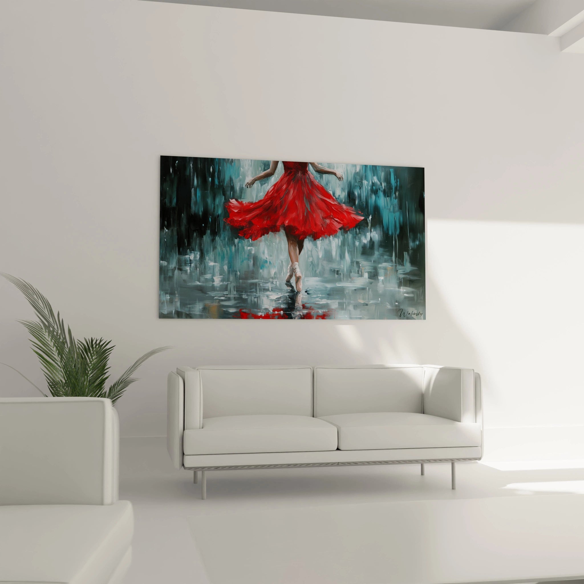 Un tableau danseuse abstrait présentant une danseuse avec une robe rouge, accompagnée de coups de pinceau bleu et gris créant un effet de fluidité et de mouvement.