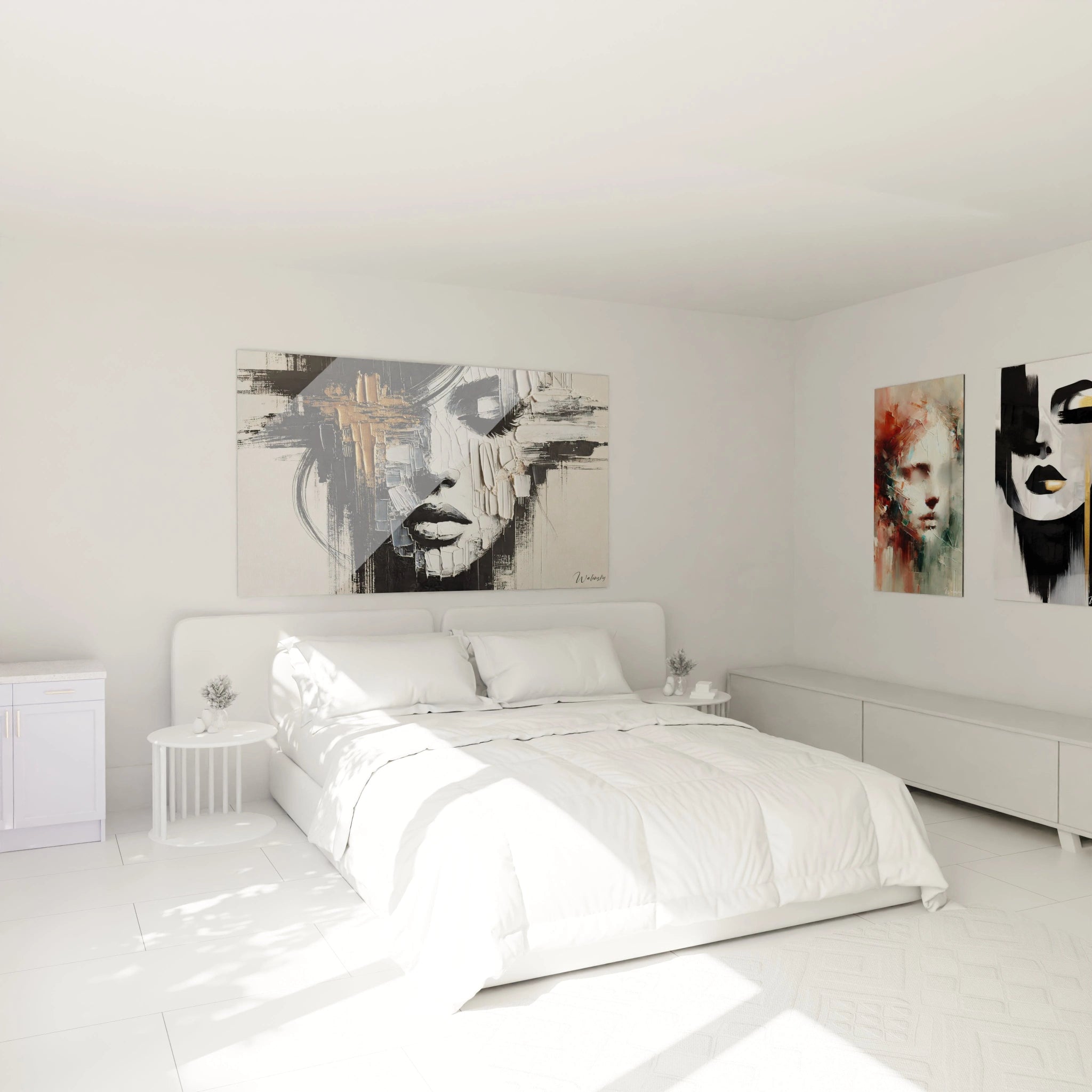 Le tableau "Reflet en noir et or" apporte luxe et contraste à la chambre. La touche d’or illumine l’espace, tandis que les lignes abstraites et la texture en relief ajoutent du caractère.