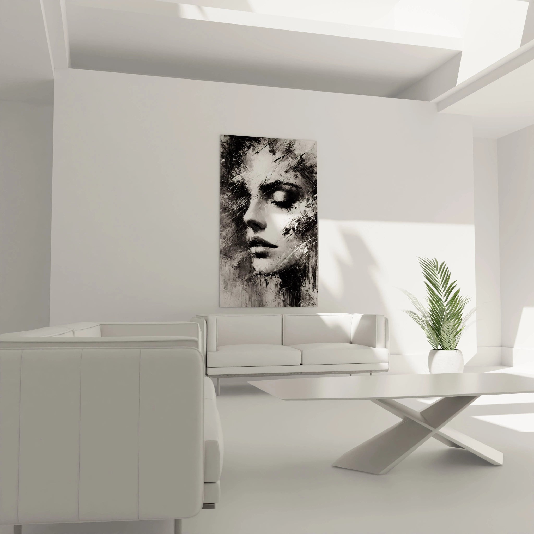 Tableau geometrique abstrait dans un salon au-dessus d'un canape. Portrait feminin en noir et blanc aux textures intenses et elements geometriques, ajoutant une ambiance moderne et artistique a l'espace.