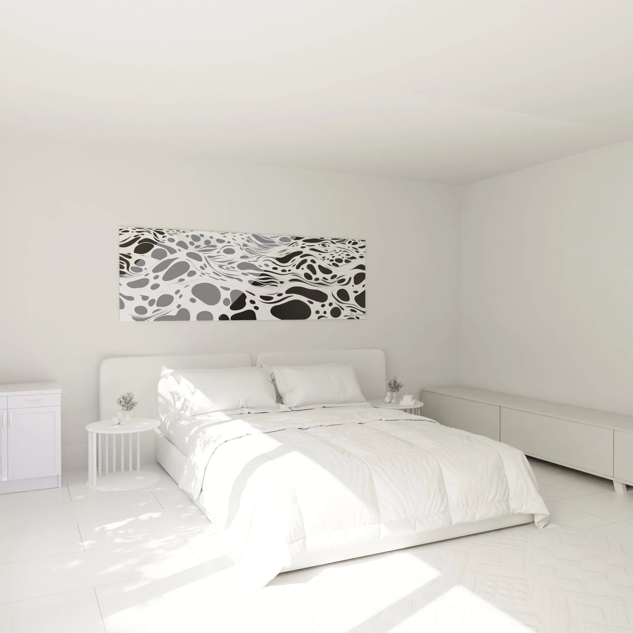 Tableau tacheté noir et blanc Walensky décorant une chambre moderne lumineuse