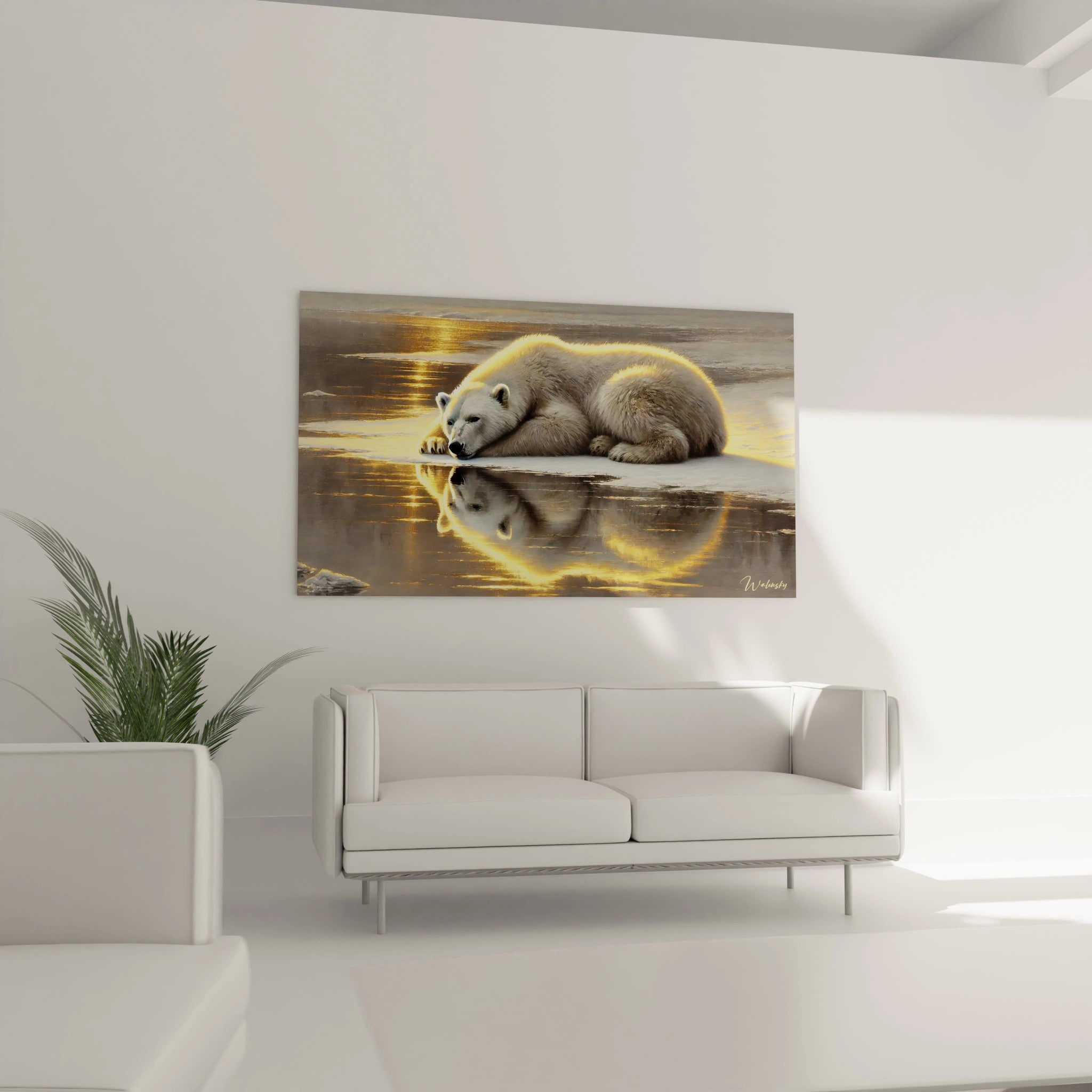 "Dans votre salon, ce tableau ours polaire devient une pièce maîtresse. Il introduit une ambiance chaleureuse avec ses couleurs douces et son reflet doré sur l'eau glacée. Un ajout élégant pour tout espace."