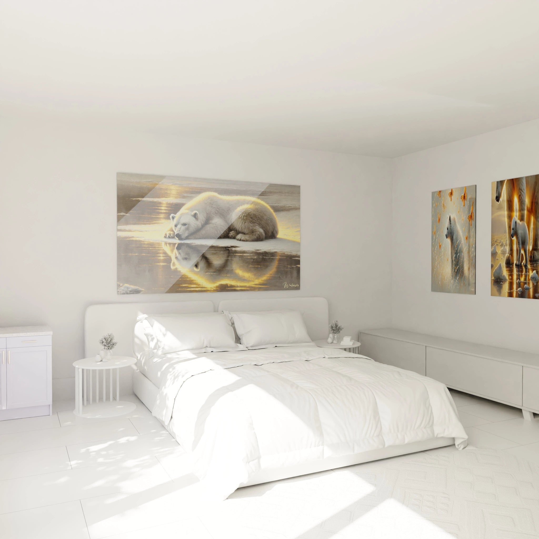 "Ce tableau ours polaire apporte une ambiance apaisante à votre chambre. L'image d'un ours polaire se reposant dans un paysage glacial crée une atmosphère de calme et de sérénité."