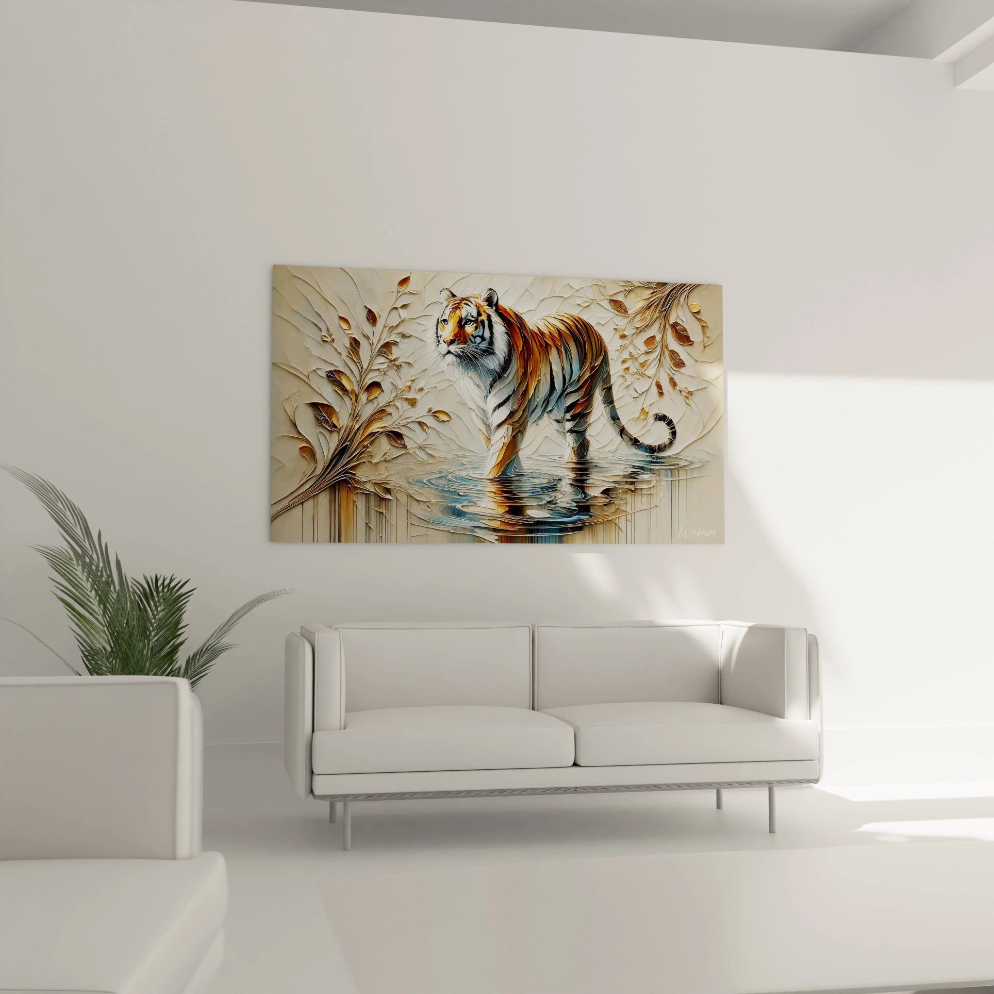 Ce tableau tigre, accroché au-dessus du canapé, apporte force et sérénité à votre salon. Les couleurs dorées et le réalisme du tigre créent un impact visuel fort, idéal pour un intérieur moderne et élégant.