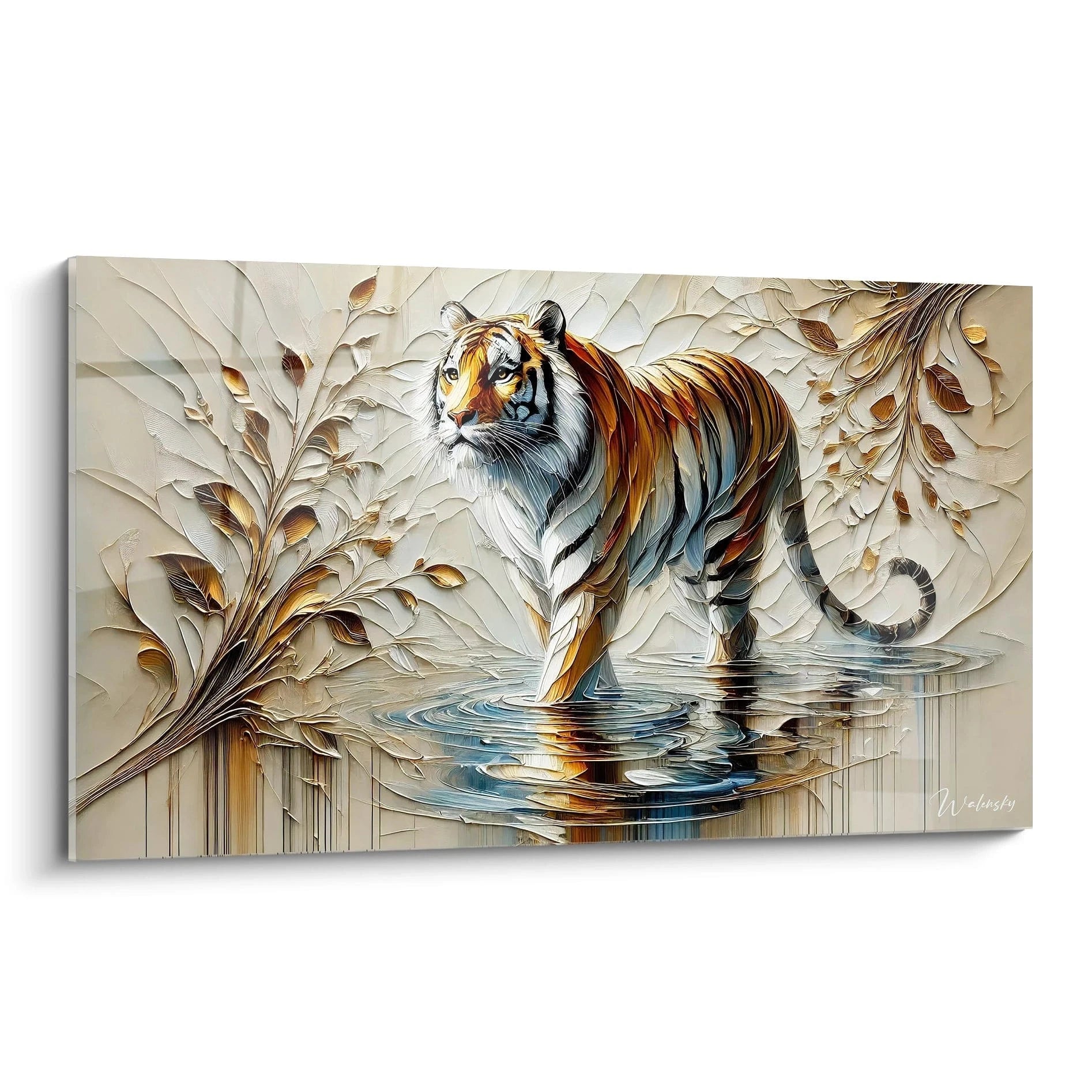 Ce tableau tigre vu de biais montre chaque détail captivant de l'œuvre. Les textures riches et les nuances dorées ajoutent profondeur et élégance à l’image du tigre majestueux. Parfait pour une décoration raffinée.
