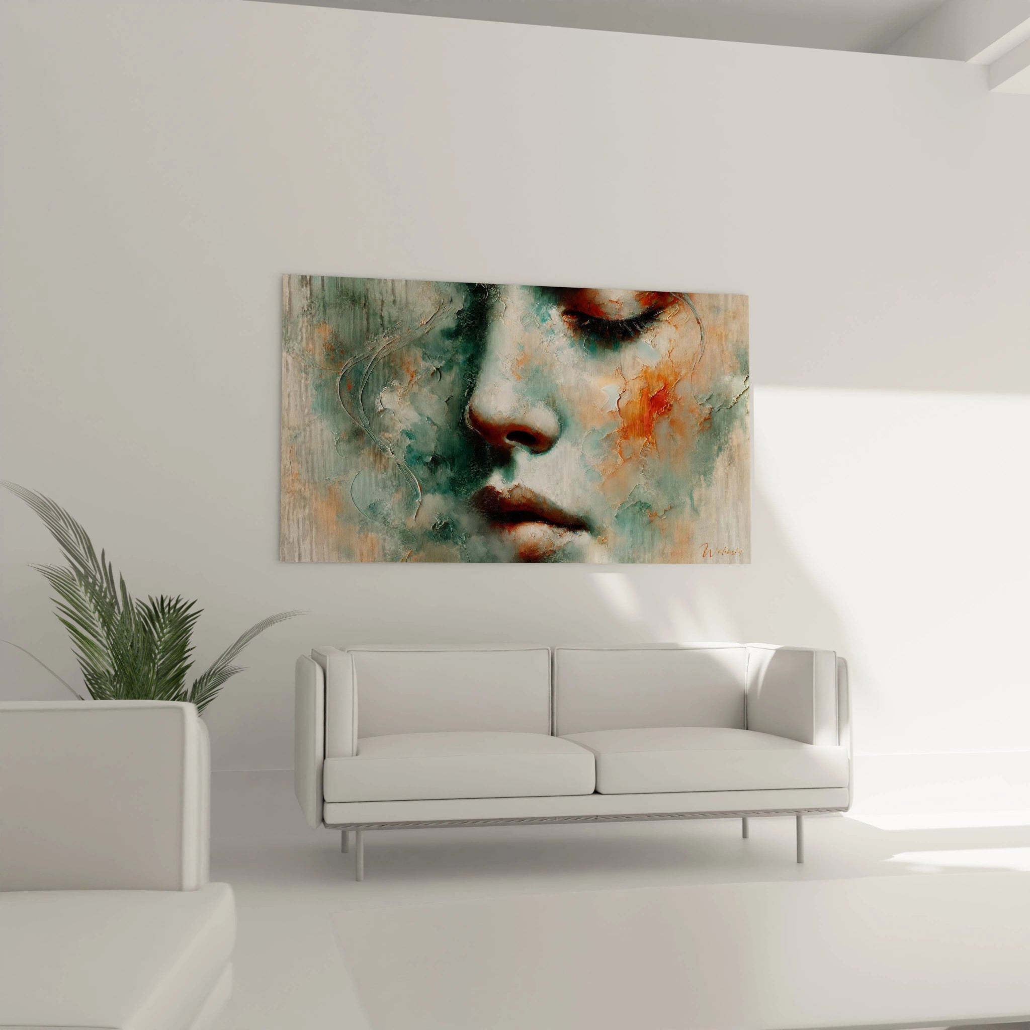 Dans un salon moderne, "Reflet voilé" est suspendu au-dessus du canapé, ajoutant profondeur et émotion à l'espace avec ses tons bleus, verts et orangés. L'art abstrait qui captive.