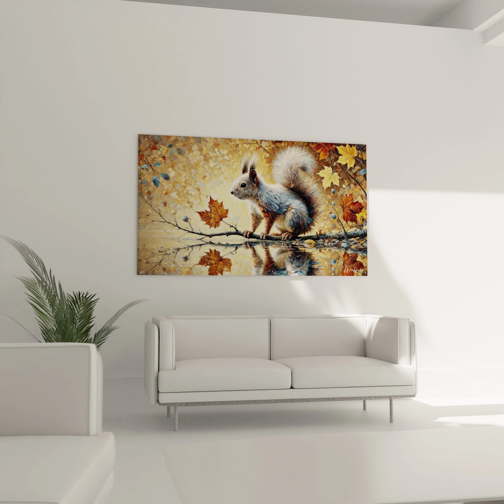 tableau ecureuil installé au dessus du canapé dans un salon ajoutant une touche naturelle grace aux couleurs chaudes de l automne refletant la tranquilité et l equilibre de la nature dans votre espace