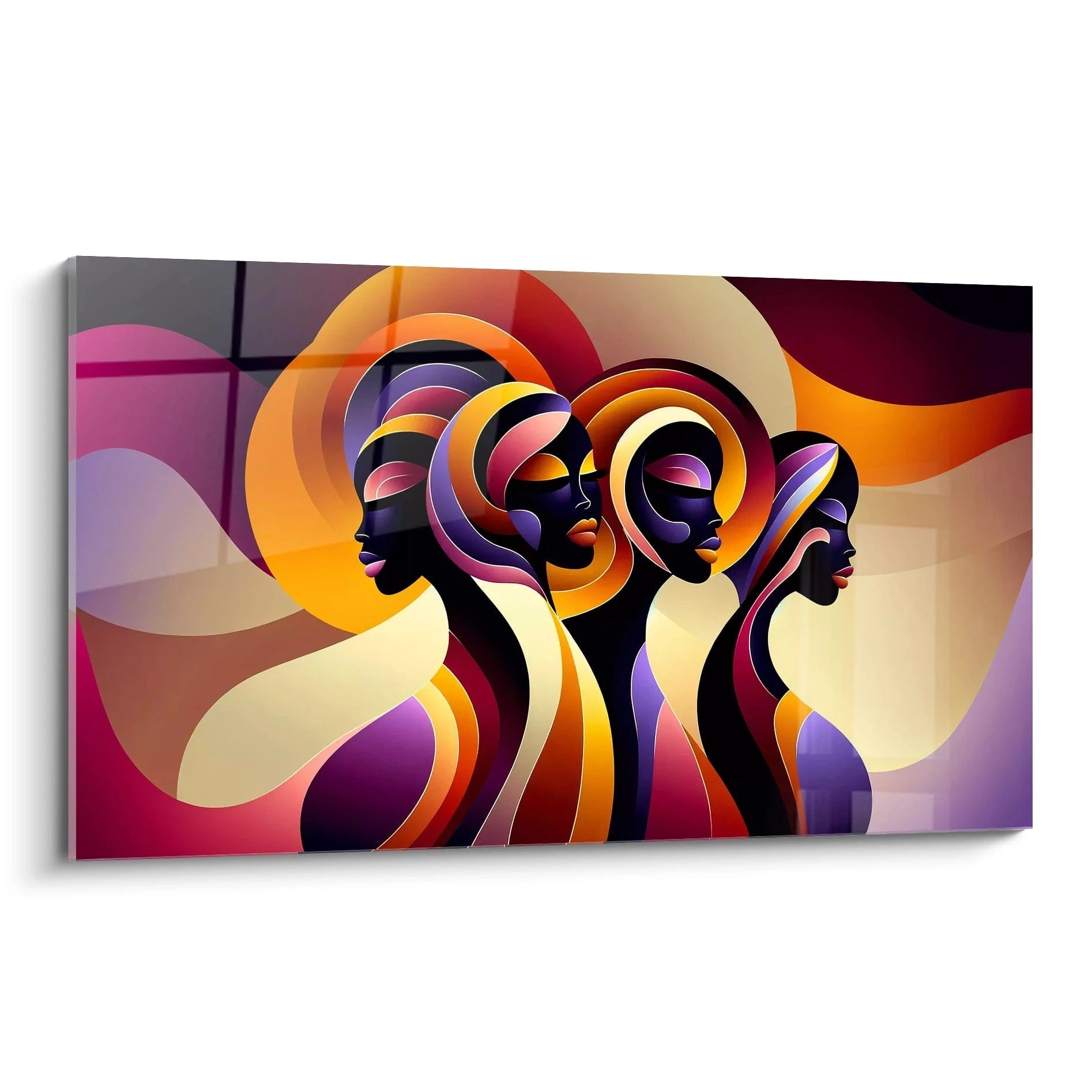 tableau africain vu de biais avec silhouettes feminines stylisées aux teintes vives de violet orange jaune formes organiques style abstrait contemporain qui évoque heritage africain mouvement et serenite