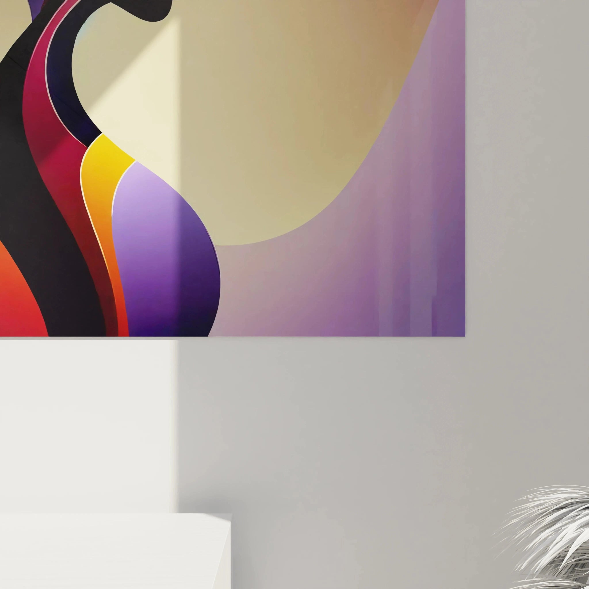 vue de pres du tableau africain avec details des couleurs vibrantes violet orange jaune motifs fluides silhouettes feminines stylisees style abstrait contemporain evoquant la richesse des cultures africaines