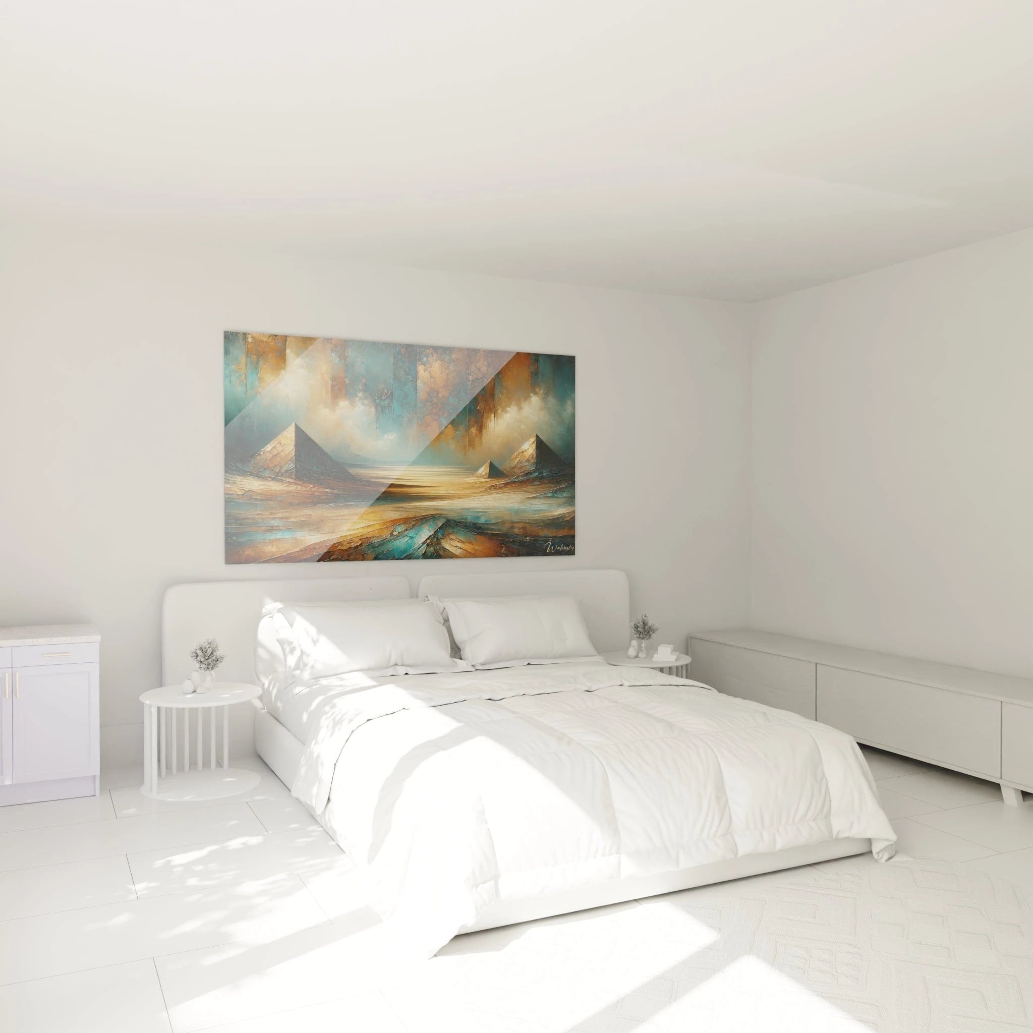 Un tableau abstrait de monuments pyramidaux sur horizon métallique. La palette associe bleu-vert, or cuivré, blanc crémeux et brun oxydé. Les textures combinent couches horizontales lisses évoquant un désert doré et surfaces texturées pour les pyramides triangulaires, sous un ciel dramatique aux nuages fragmentés et taches de patine métallique.