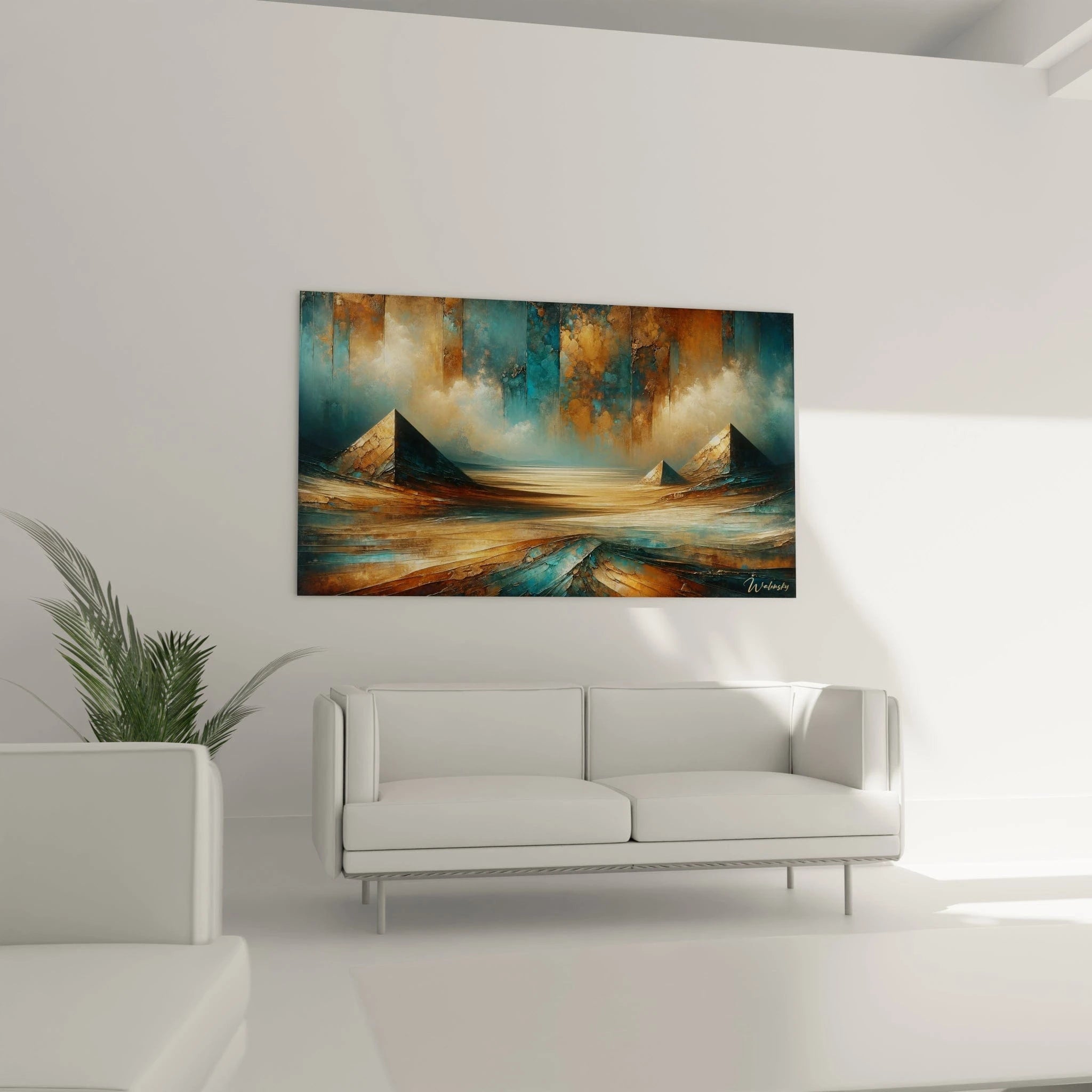 Un tableau abstrait de site égyptien stylisé. Les couleurs principales sont turquoise profond, or antique, beige doré et brun rouille. La texture montre des lignes horizontales fluides formant un désert ondulé qui s'étend vers trois pyramides aux faces partiellement recouvertes de feuille d'or craquelée, avec un arrière-plan vertical aux effets de corrosion et d'oxydation.