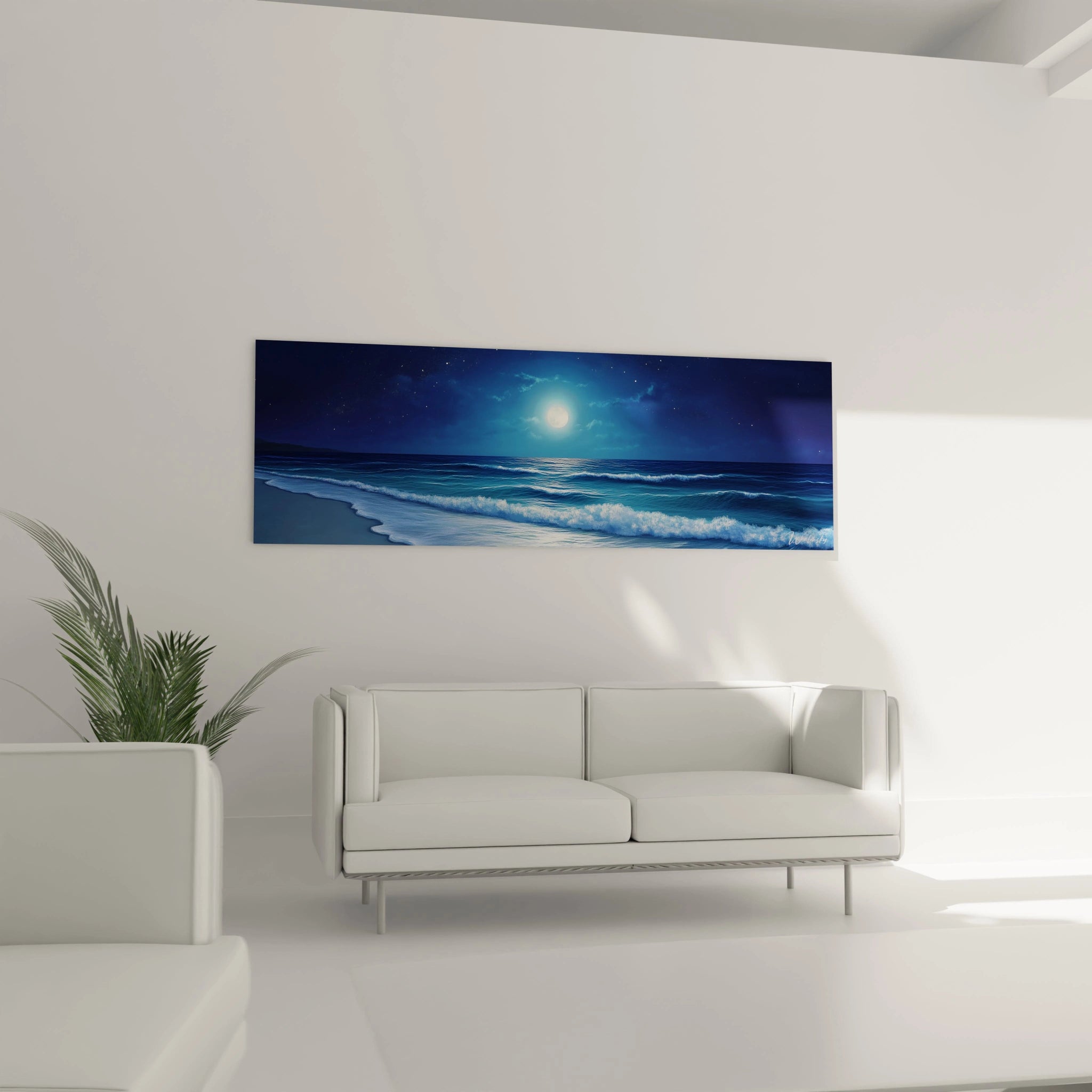 Un tableau plage lunaire capturant l'instant où les vagues bleues rencontrent le rivage, dominé par une pleine lune éclatante au centre d'un ciel nocturne, avec des nuances de bleu allant du marine au céruléen et des effets de lumière argentée se reflétant sur l'eau en mouvement.