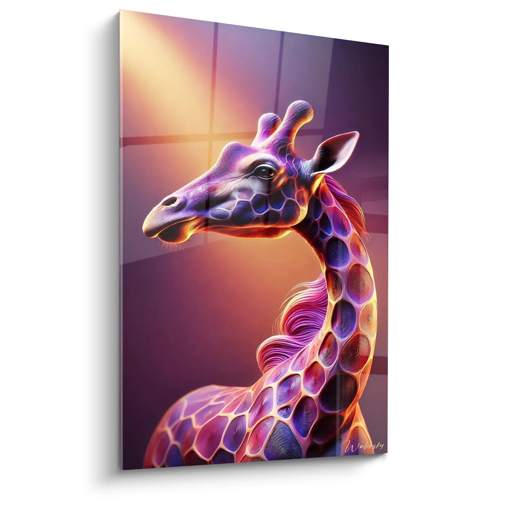 Ce tableau girafe violet or et orange dévoile ses motifs abstraits et contemporains sous une lumière douce qui met en valeur ses teintes éclatantes et ses détails subtils.