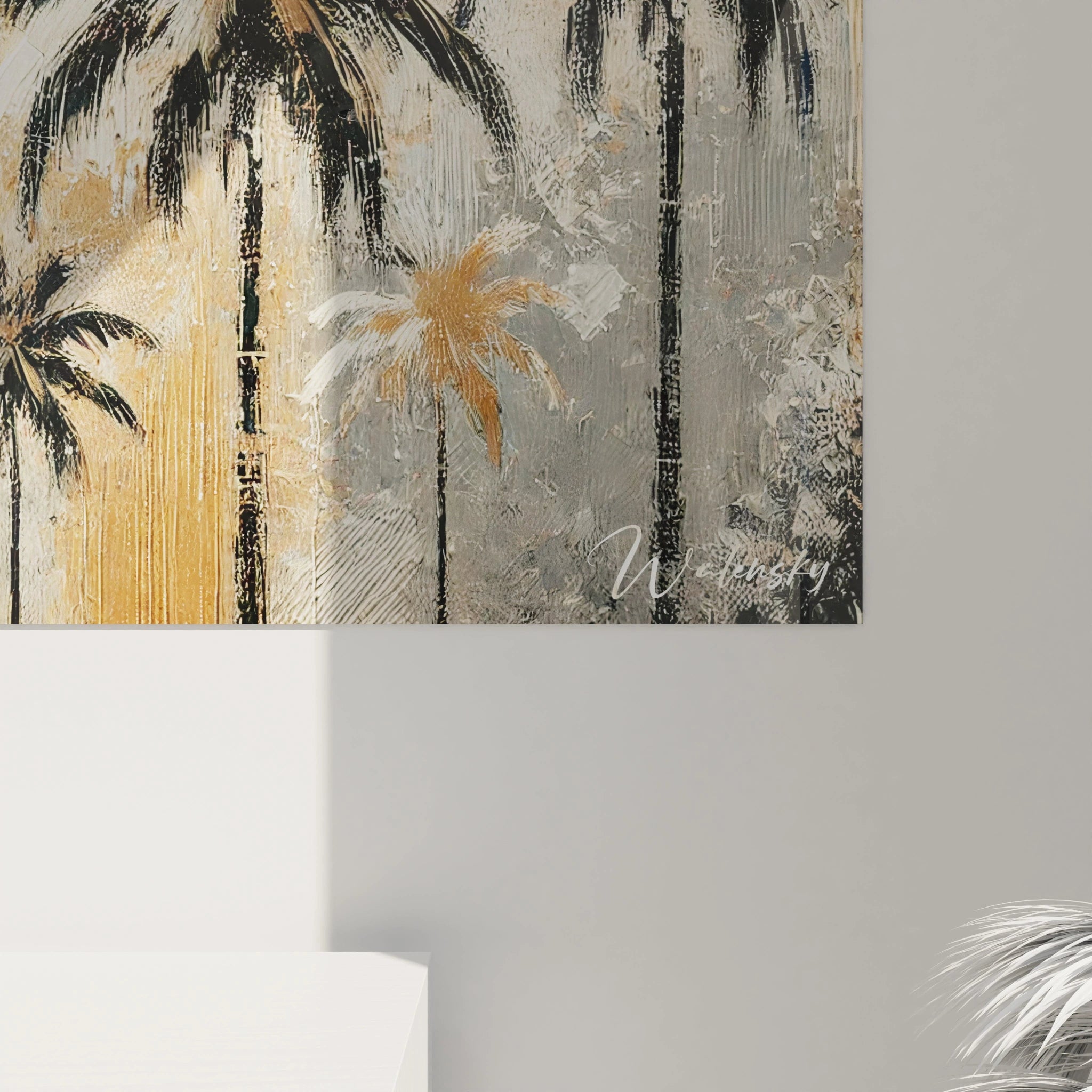 vue de pres du tableau Palmier mettant en valeur la texture et les couleurs audacieuses de l'aquarelle creeant une sensation d'aventure et de nature