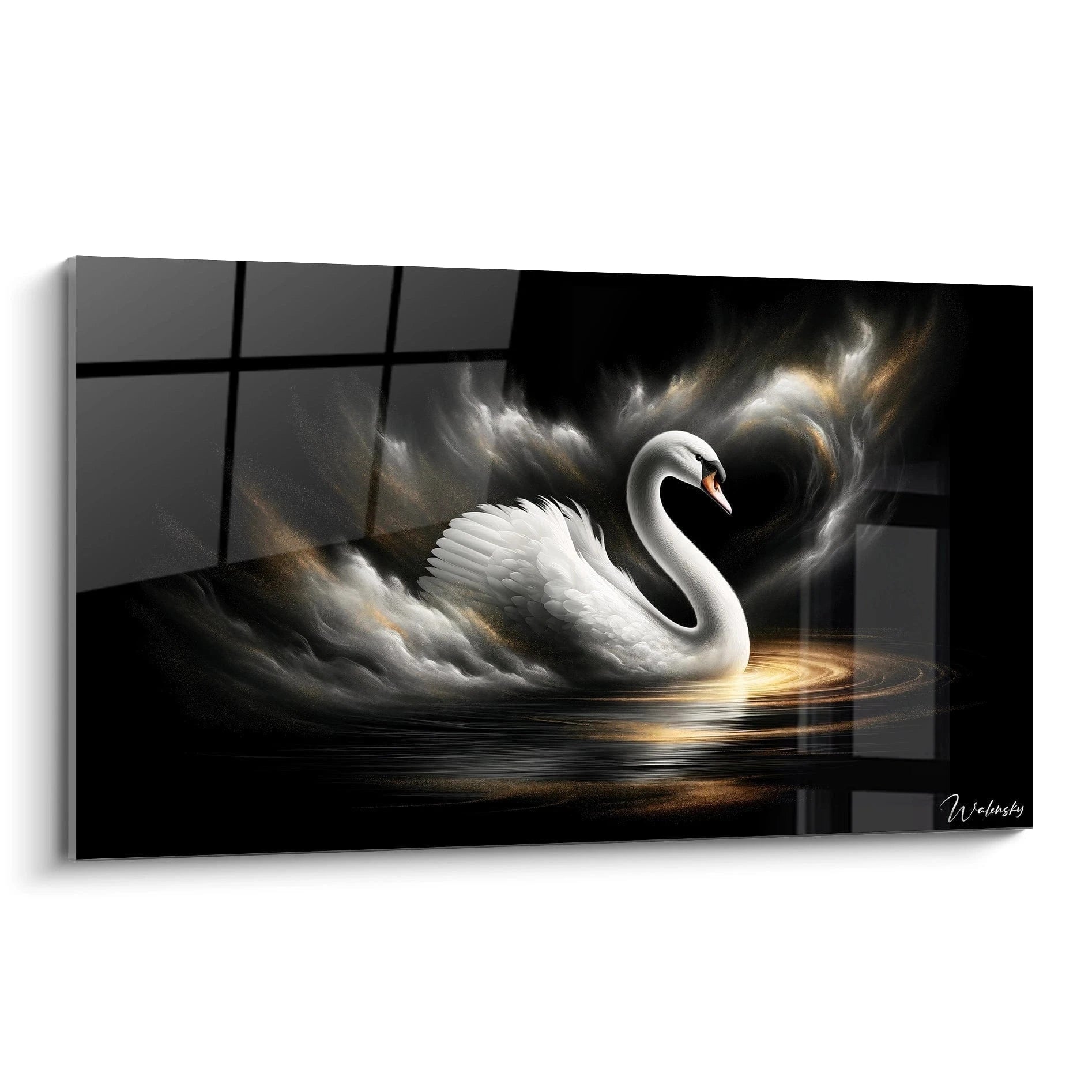 Un tableau animaux représentant un cygne blanc au centre, entouré d’effets visuels dorés et gris, sur fond noir, avec textures vaporeuses et reflets lumineux sur l’eau.