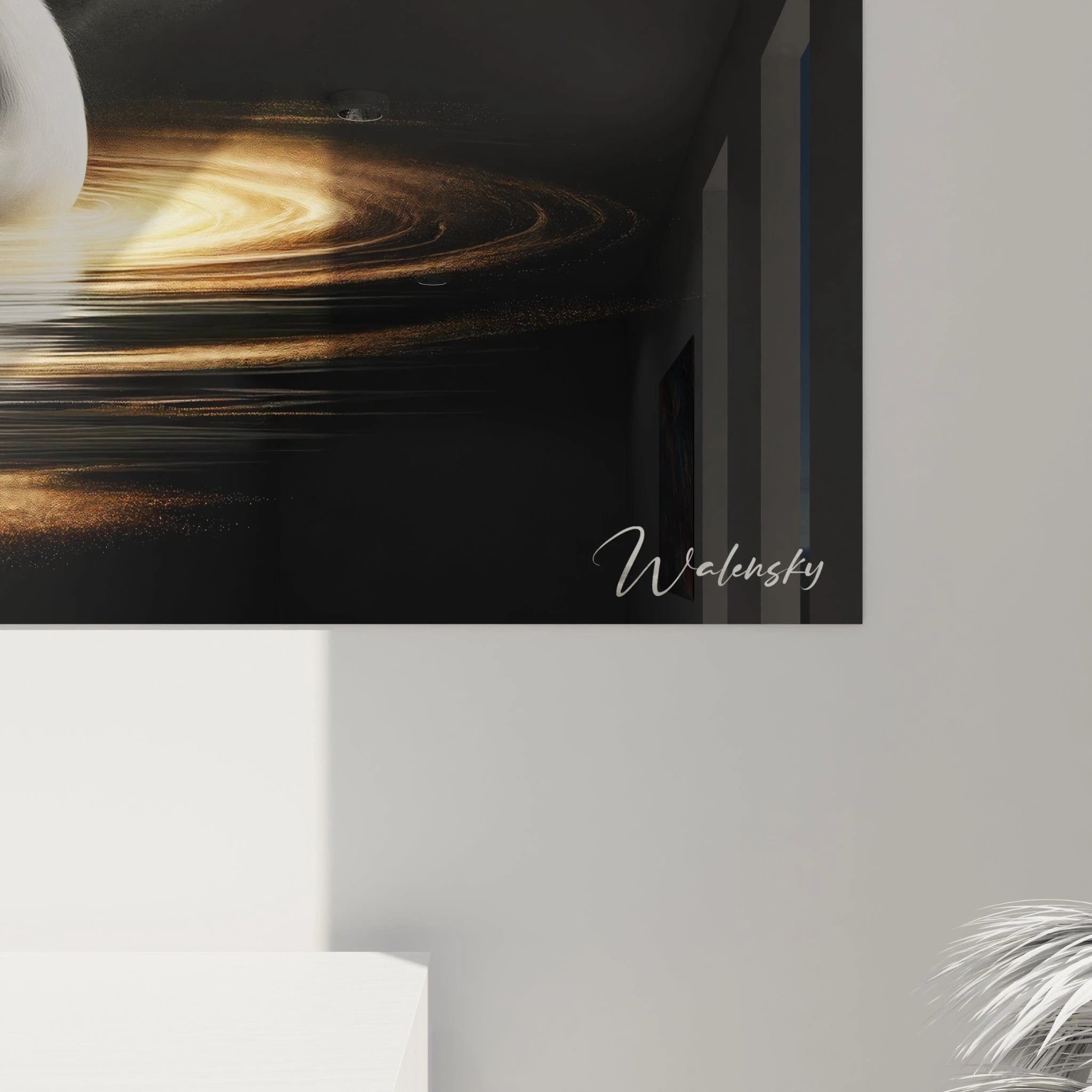 Tableau animaux figurant un cygne blanc stylisé sur fond noir, avec des nuances dorées, grises et blanches, accompagné d’effets vaporeux et de reflets texturés sur l’eau.