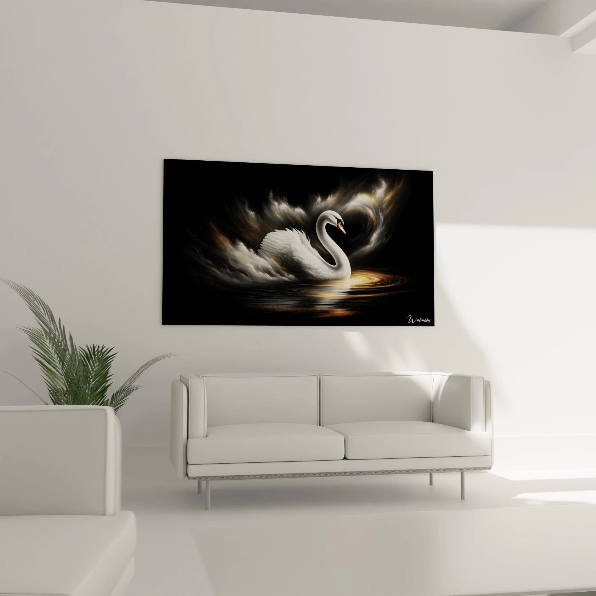 Un tableau animaux centré sur un cygne blanc, avec un fond noir et des effets de brume dorée et argentée, soulignant des textures lisses et des mouvements ondulants.