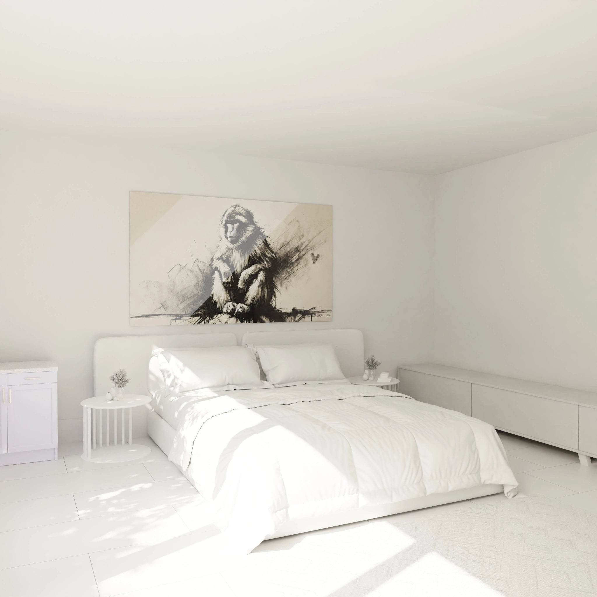 Accroché au-dessus du lit, ce tableau singe apporte une touche de sérénité. Son expression réfléchie crée une ambiance apaisante, idéale pour un espace de repos et de contemplation.