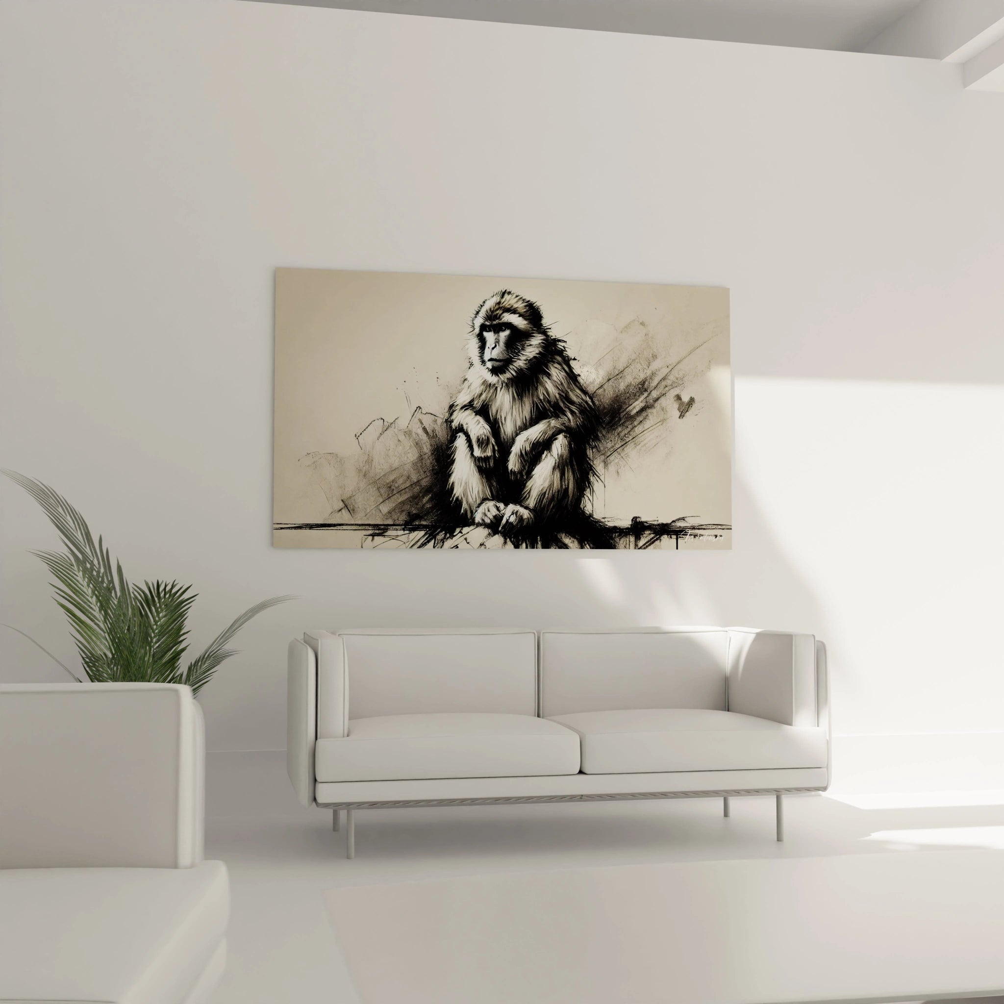 Dans le salon, ce tableau singe au-dessus du canapé attire tous les regards. Son design minimaliste en noir et blanc offre une esthétique raffinée, parfaite pour inspirer la discussion.