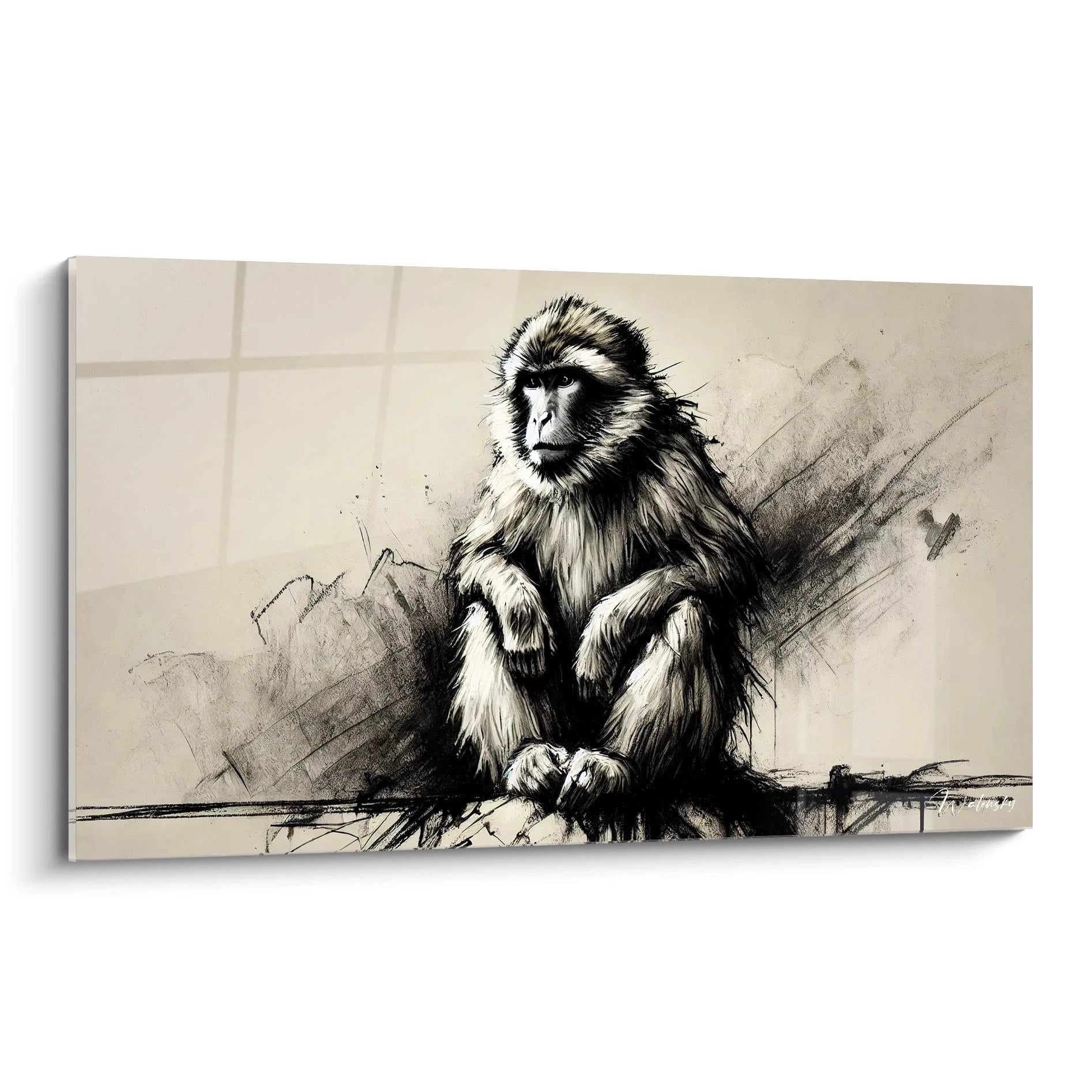 Ce tableau singe présente un primate en posture méditative. La perspective de biais révèle les détails exquis de sa fourrure, accentuant l'atmosphère intemporelle et contemplative.