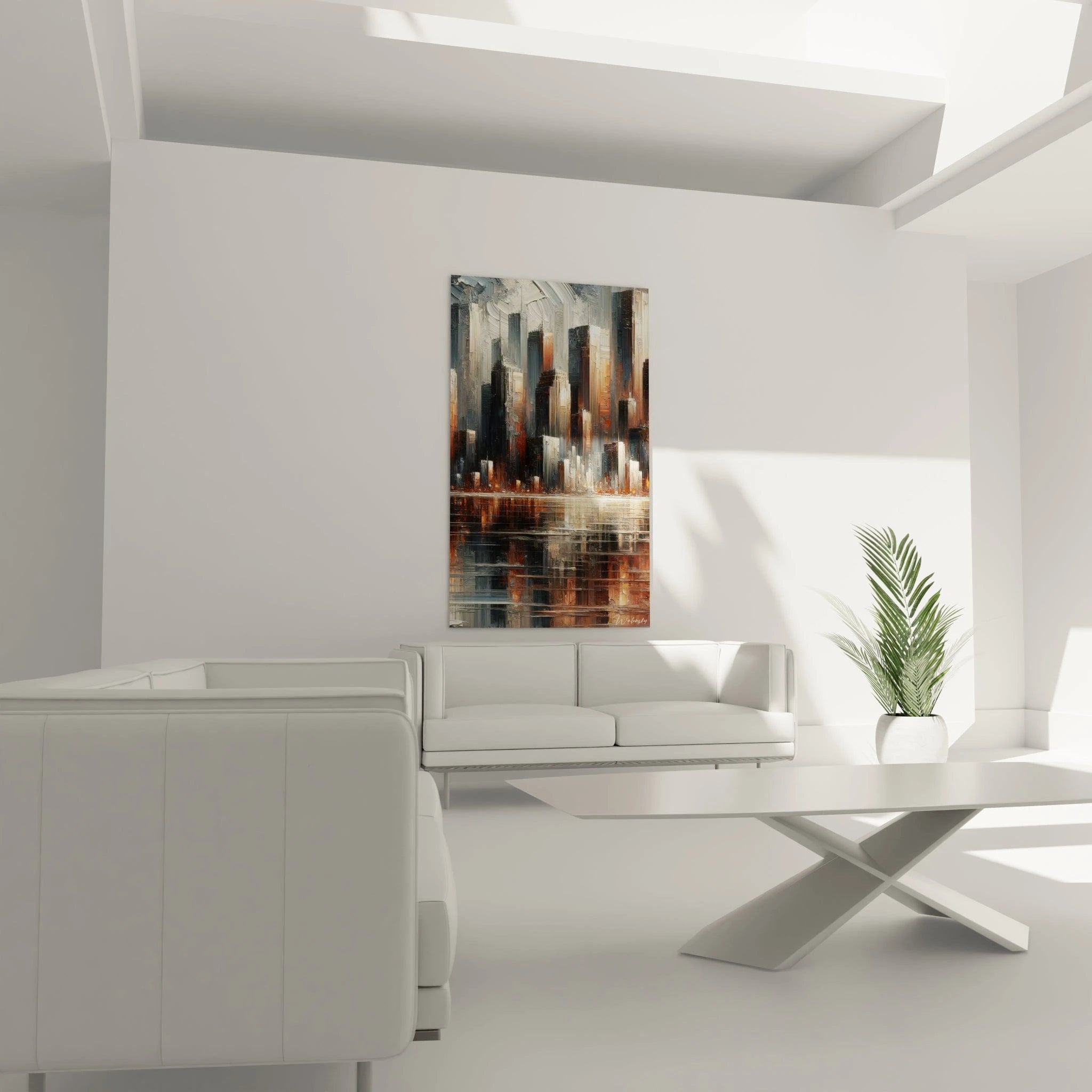 Tableau abstrait montrant une ville contemporaine se reflétant sur une surface aquatique. Spectre chromatique limité au noir ébène, blanc nacré, gris bleuté et cuivre orangé. Effet visuel de densité urbaine obtenu par superposition de bâtiments verticaux aux textures variées. Composition symétrique avec ligne d'horizon médiane séparant la cité de son image réfléchie.