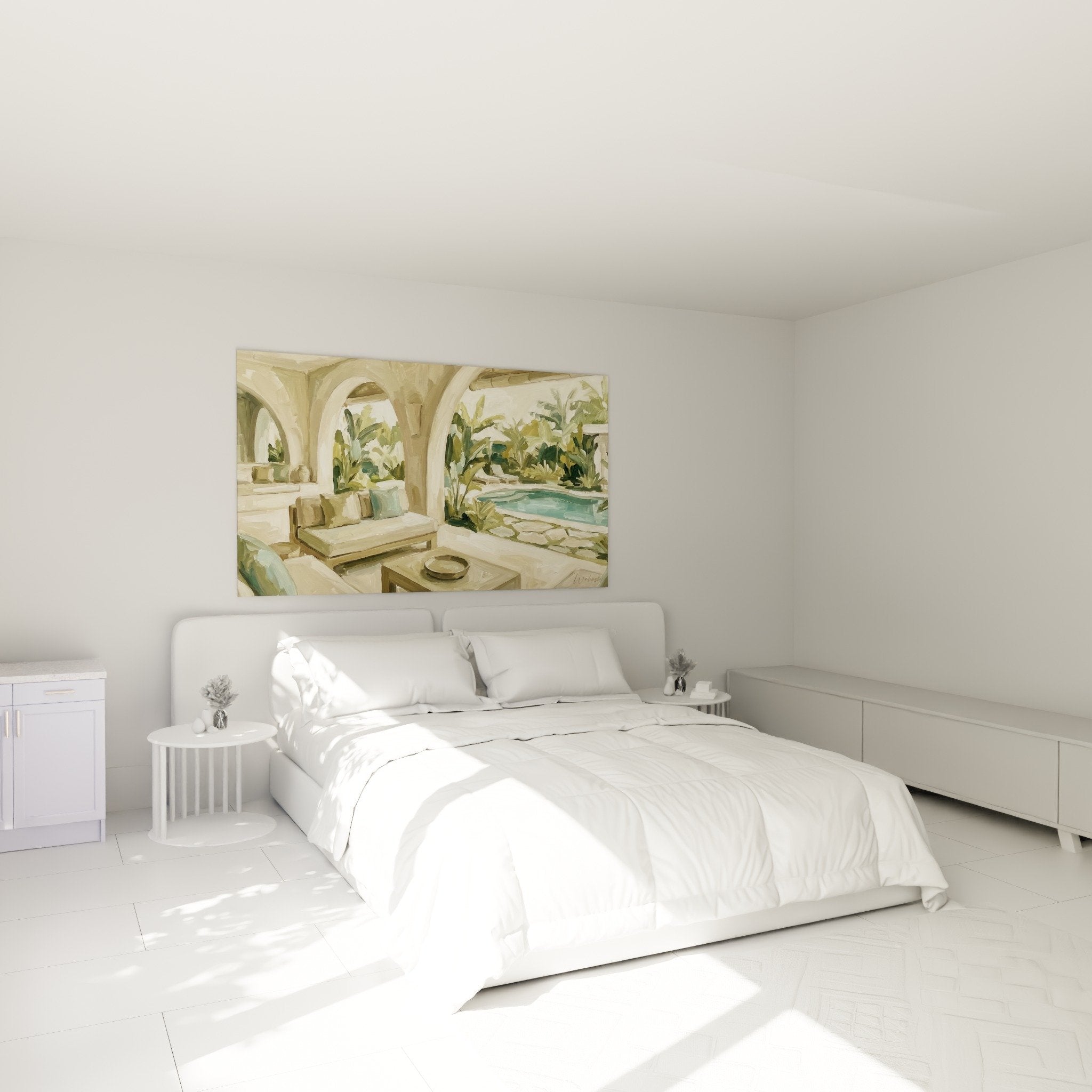 tableau refuge balinais arches blanches chambre decoration murale tropicale ambiance spa zen turquoise