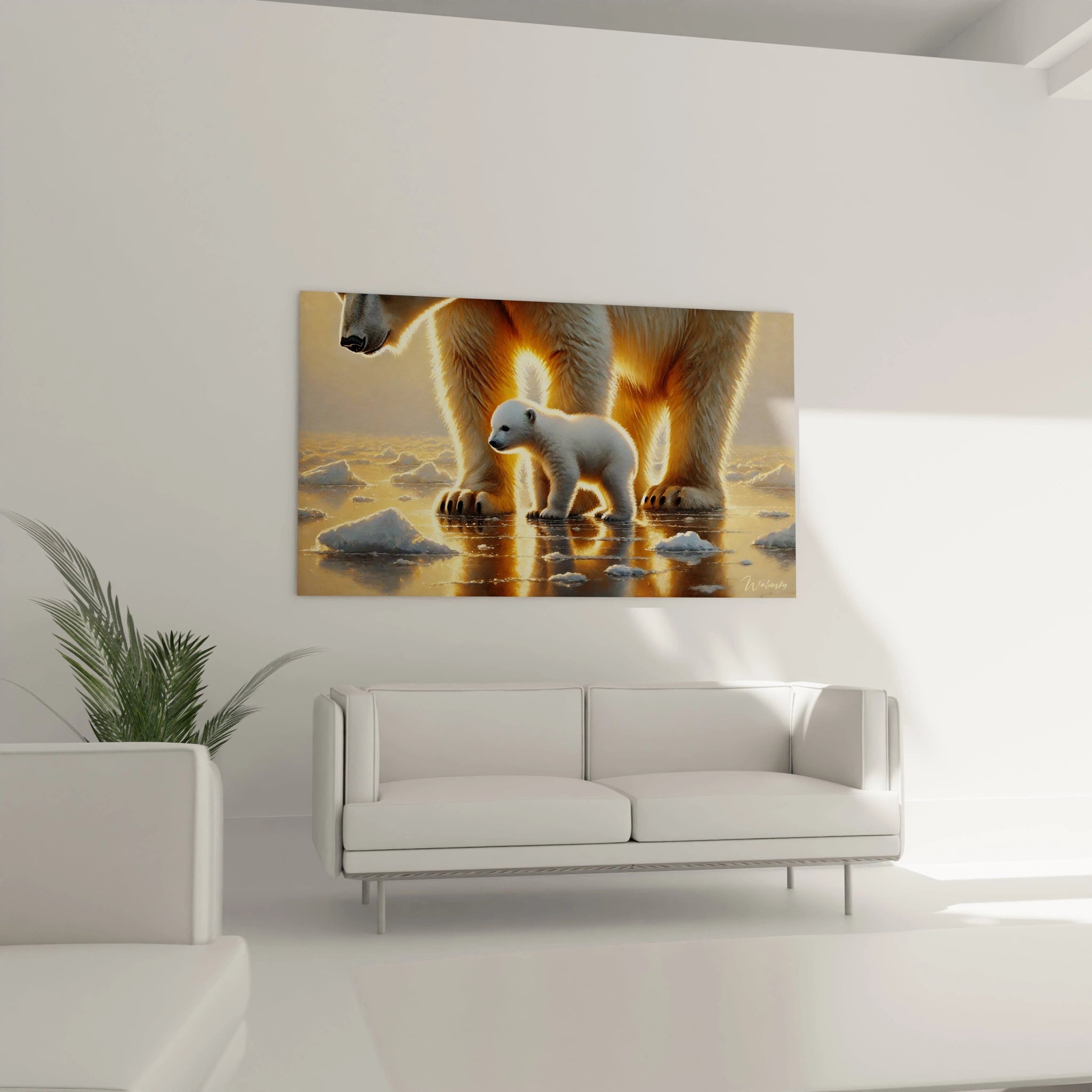 Ce tableau ours polaire, accroché dans votre salon, devient le point focal de la pièce. Son harmonie entre nature sauvage et chaleur dorée enrichit votre décoration avec élégance.