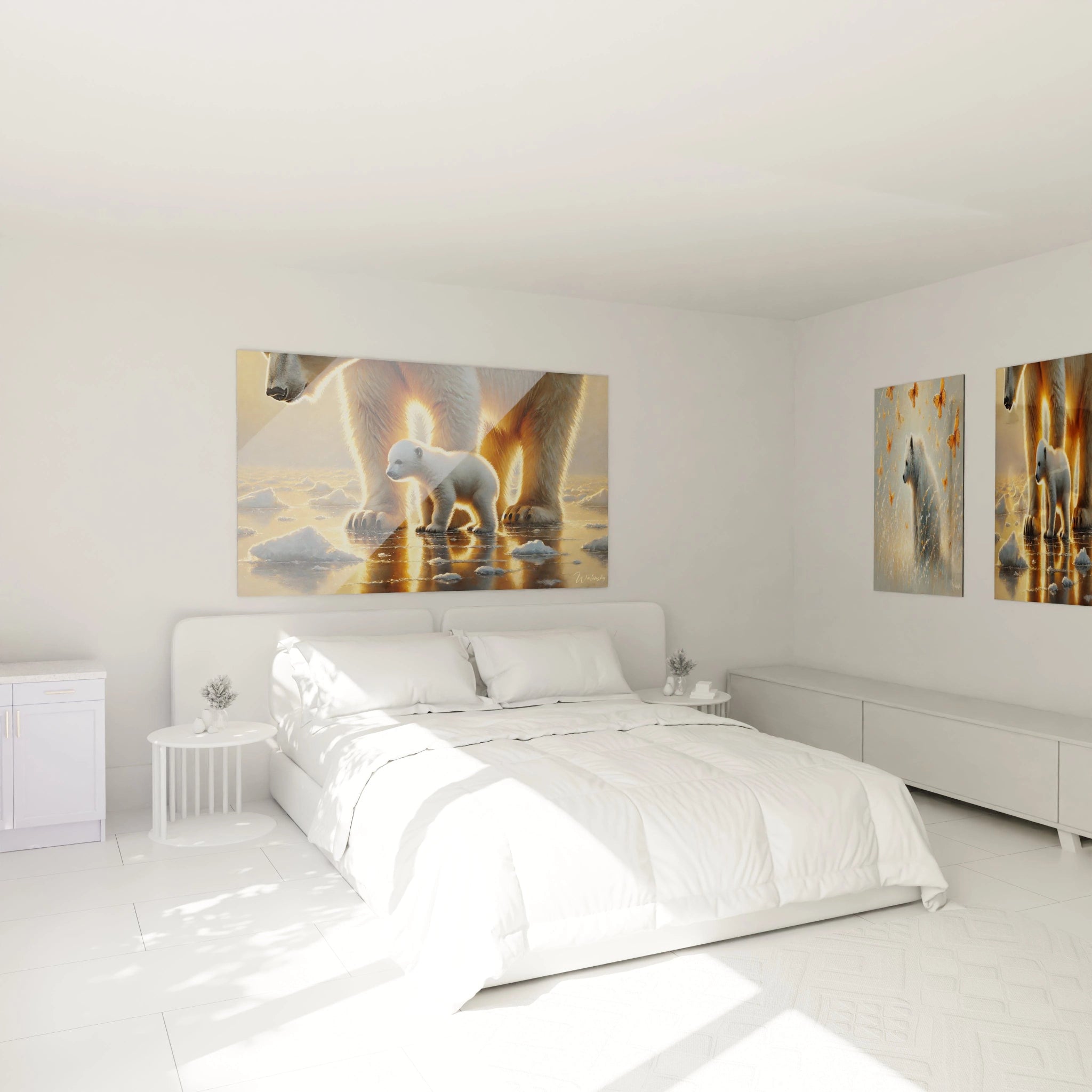 Transformez votre chambre avec ce tableau ours polaire. La douceur de l’ours et son ourson, illuminés par un coucher de soleil, crée une atmosphère apaisante et réconfortante au-dessus de votre lit.