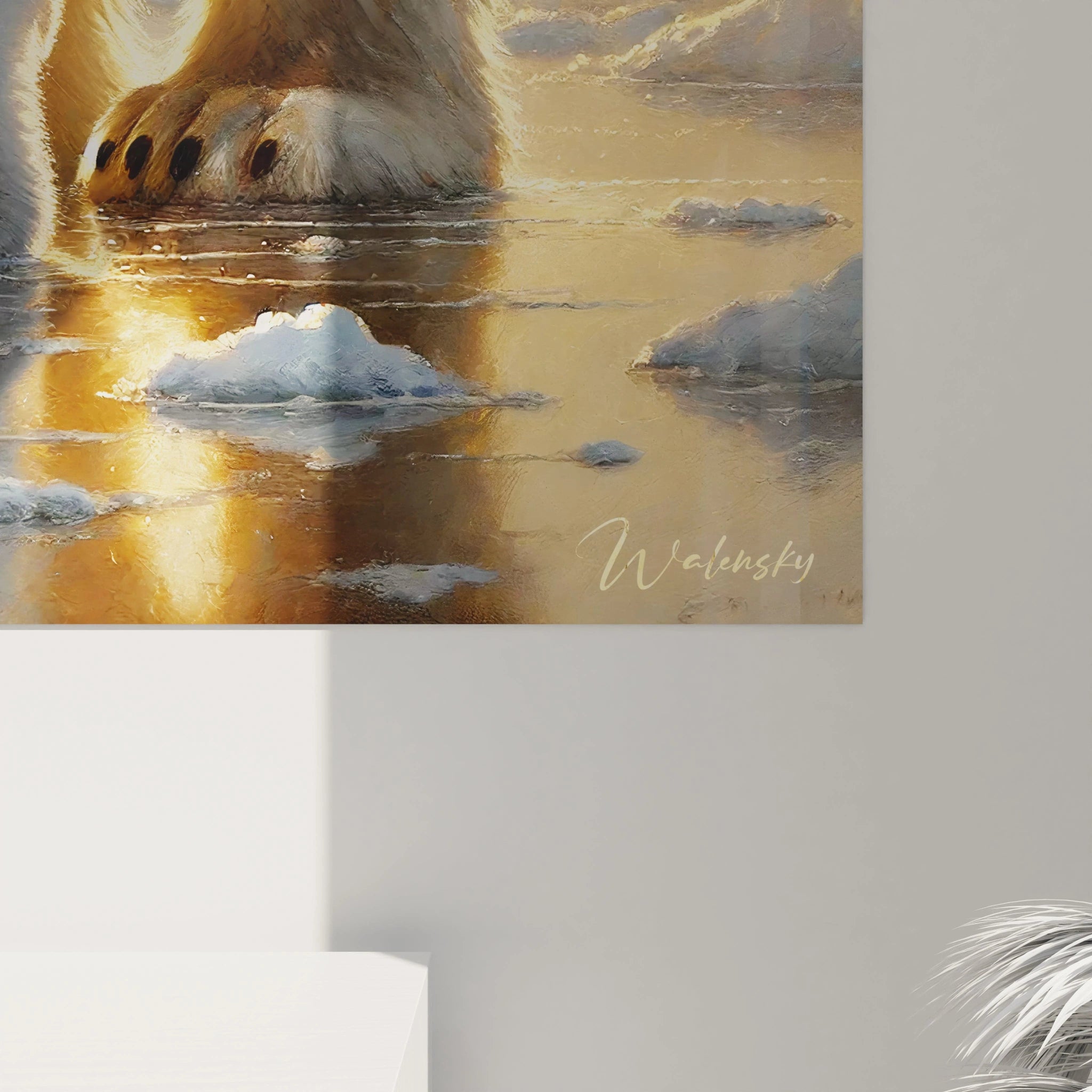 Découvrez les détails réalistes de ce tableau ours polaire. Le contraste entre la lumière dorée et la blancheur du pelage révèle toute la beauté de cette scène polaire unique.
