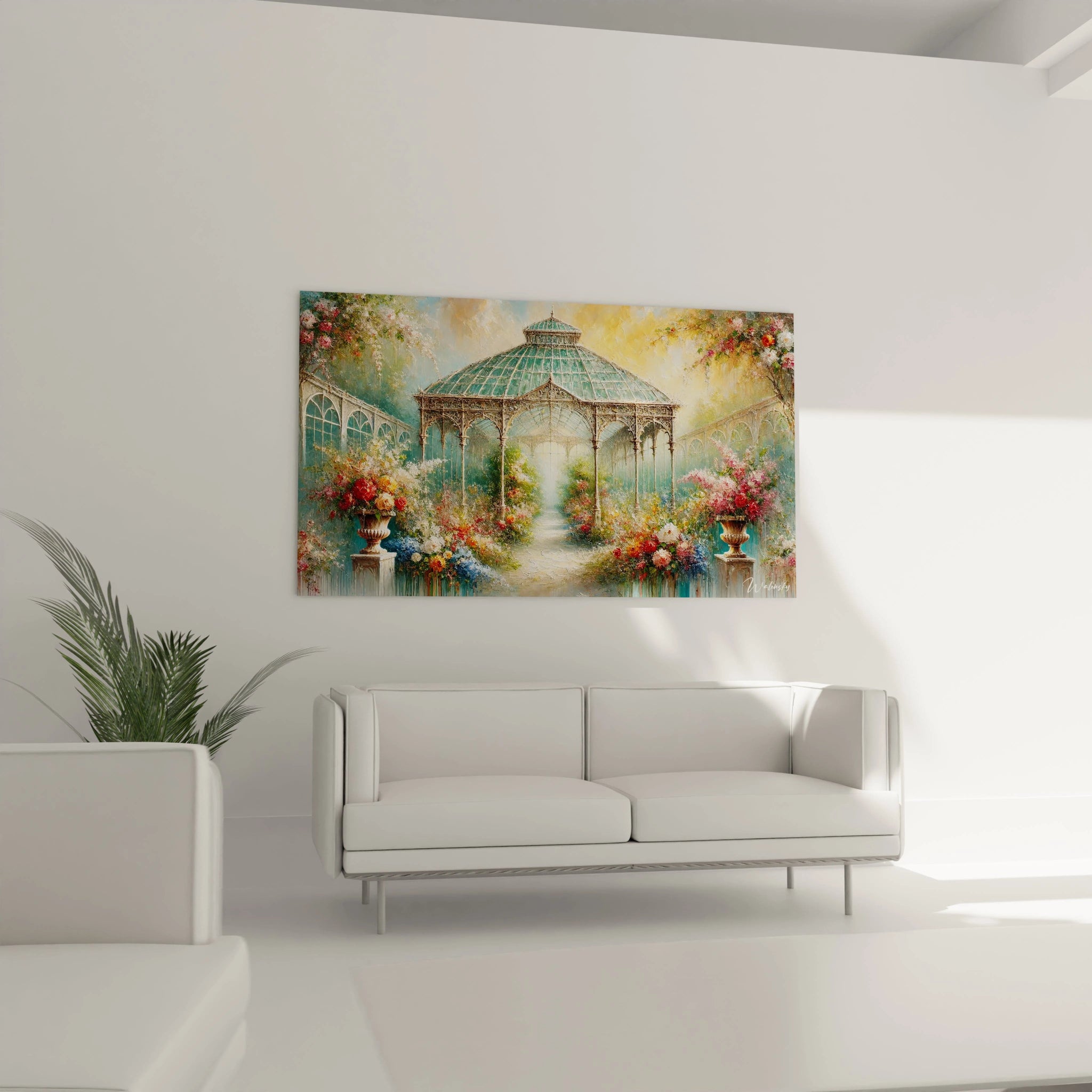 Tableau Jardin dans un salon, suspendu au-dessus du canape. Ses tons floraux et lumineux ajoutent une touche de serenite et d'elegance, parfait pour un espace de detente inspire par la nature.