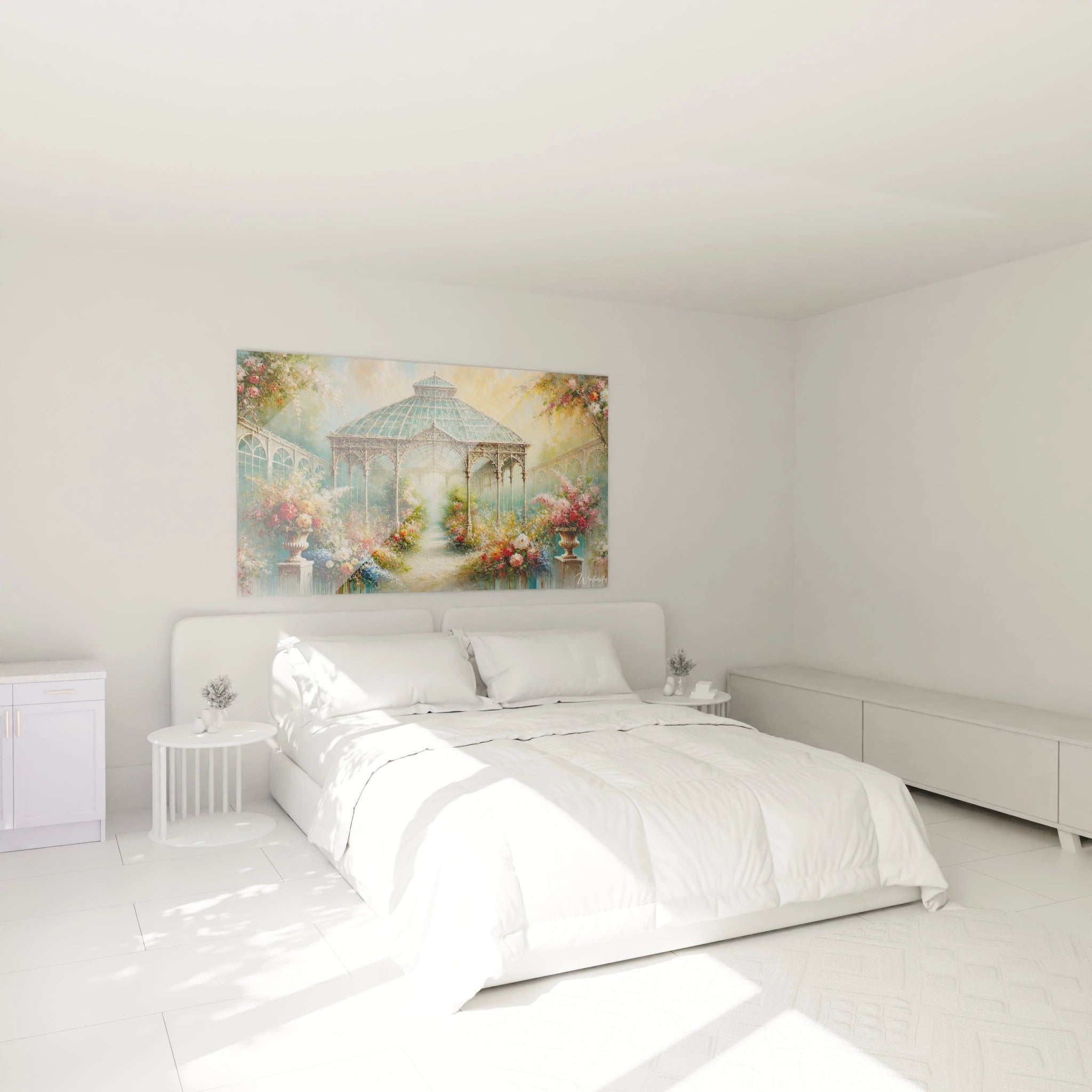 Tableau Jardin suspendu au-dessus du lit dans une chambre, apportant une atmosphere sereine et onirique avec des couleurs douces et un style romantique, entre nature et architecture.
