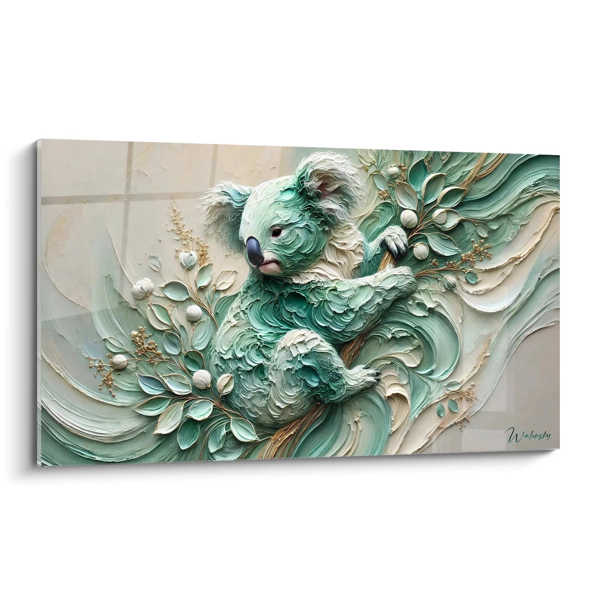 Ce tableau koala est une oeuvre captivante. Vu de biais, il révèle des textures riches et des couleurs douces, parfait pour ajouter une touche artistique à votre intérieur avec un style unique.