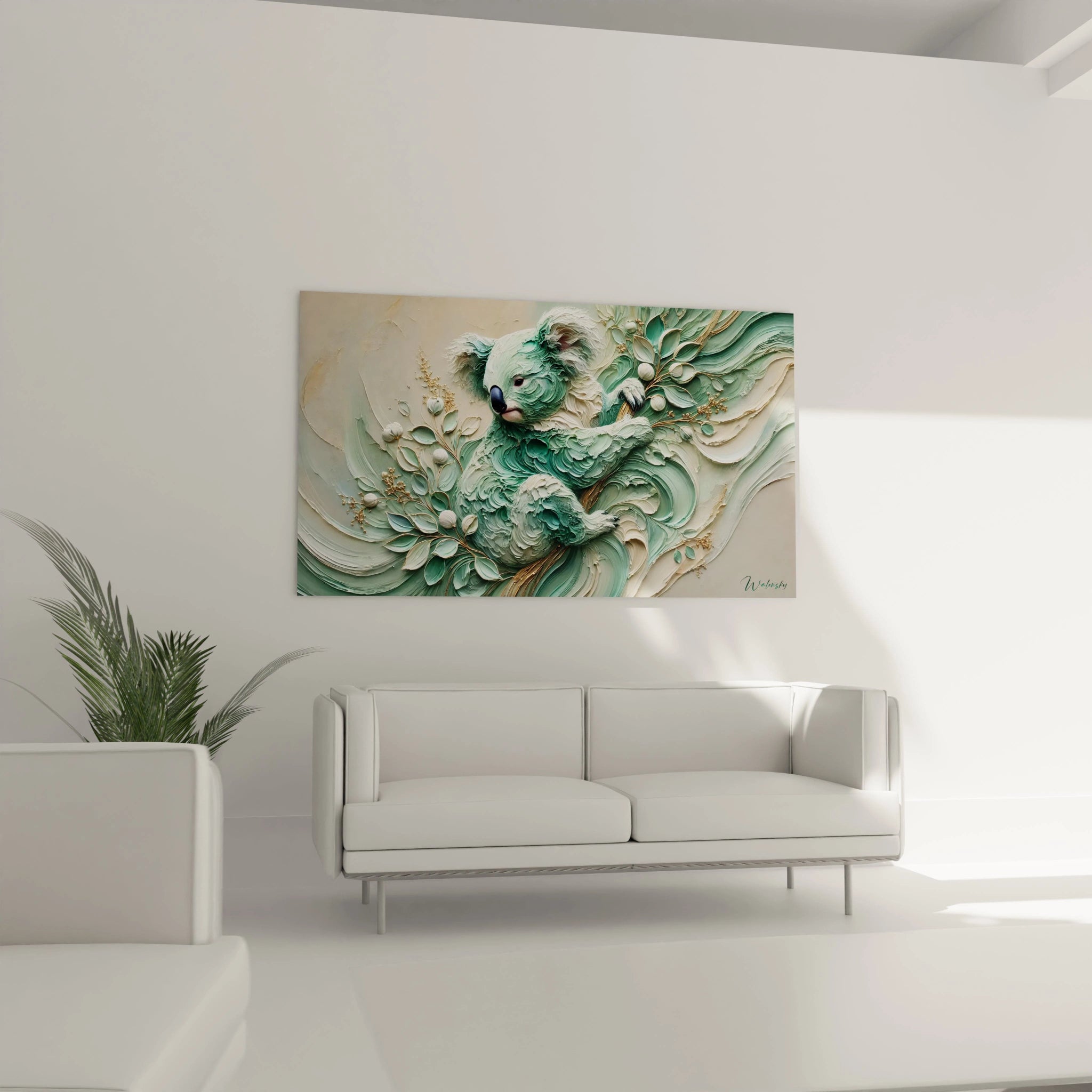 Ce tableau koala ajoute une touche poétique à votre salon au dessus du canapé. Les nuances de vert et d'or illuminent l'espace, créant un environnement chaleureux et accueillant.