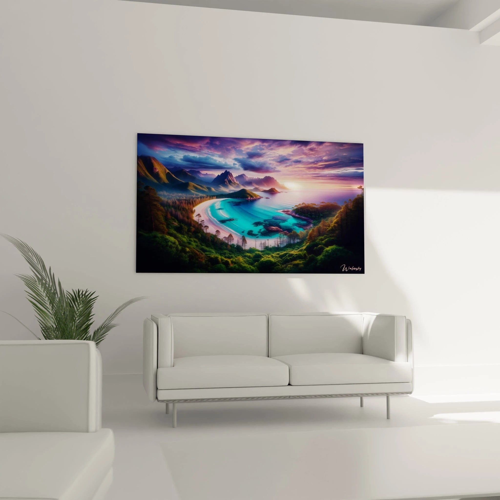 Tableau paysage figurant une côte boisée et rocheuse, lagon aux tons cyan et violet, ciel saturé de nuages rose foncé, bleu et orange, avec textures lisses sur la mer.