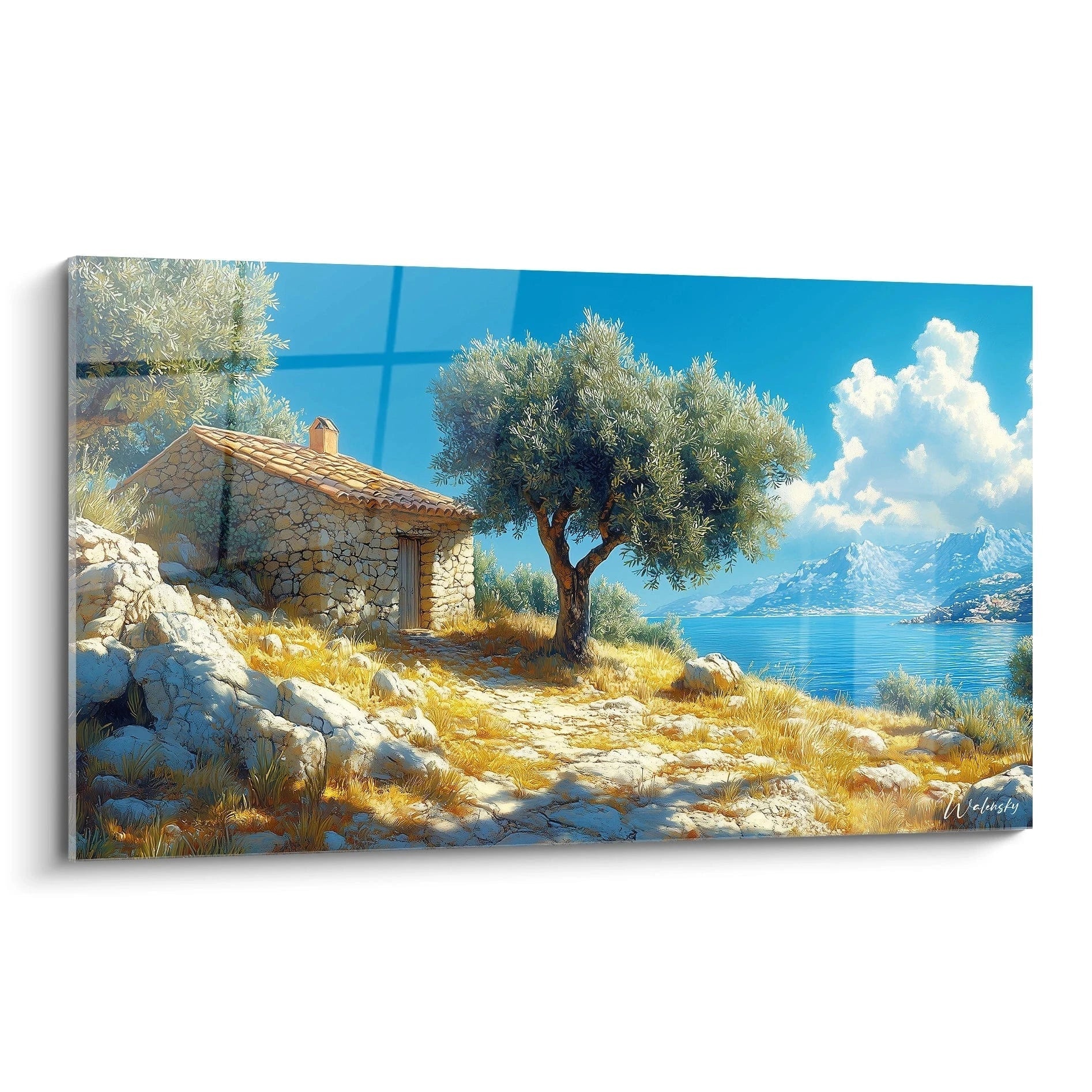 Un tableau méditerranéen représentant un cabanon de pierre traditionnel sur un terrain rocailleux avec olivier, sous un ciel bleu azur intense, face à une mer calme et des montagnes lointaines, dans des tons bleus, dorés et blancs.