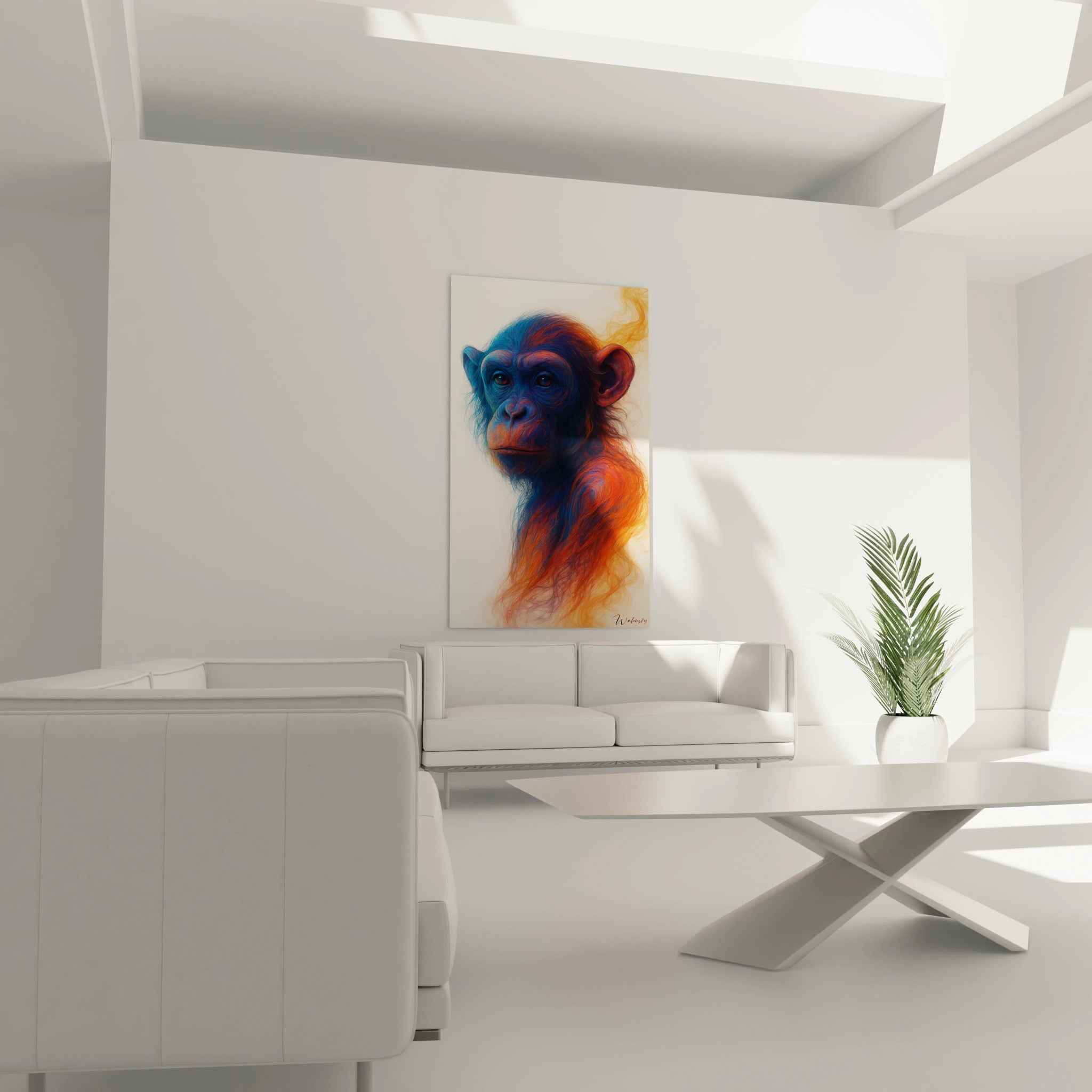 Un tableau singe chromatique montrant une tête de chimpanzé contemplative, divisée entre des zones bleu cobalt et orange cuivré, avec une technique de rendu filandreux créant une impression de mouvement.