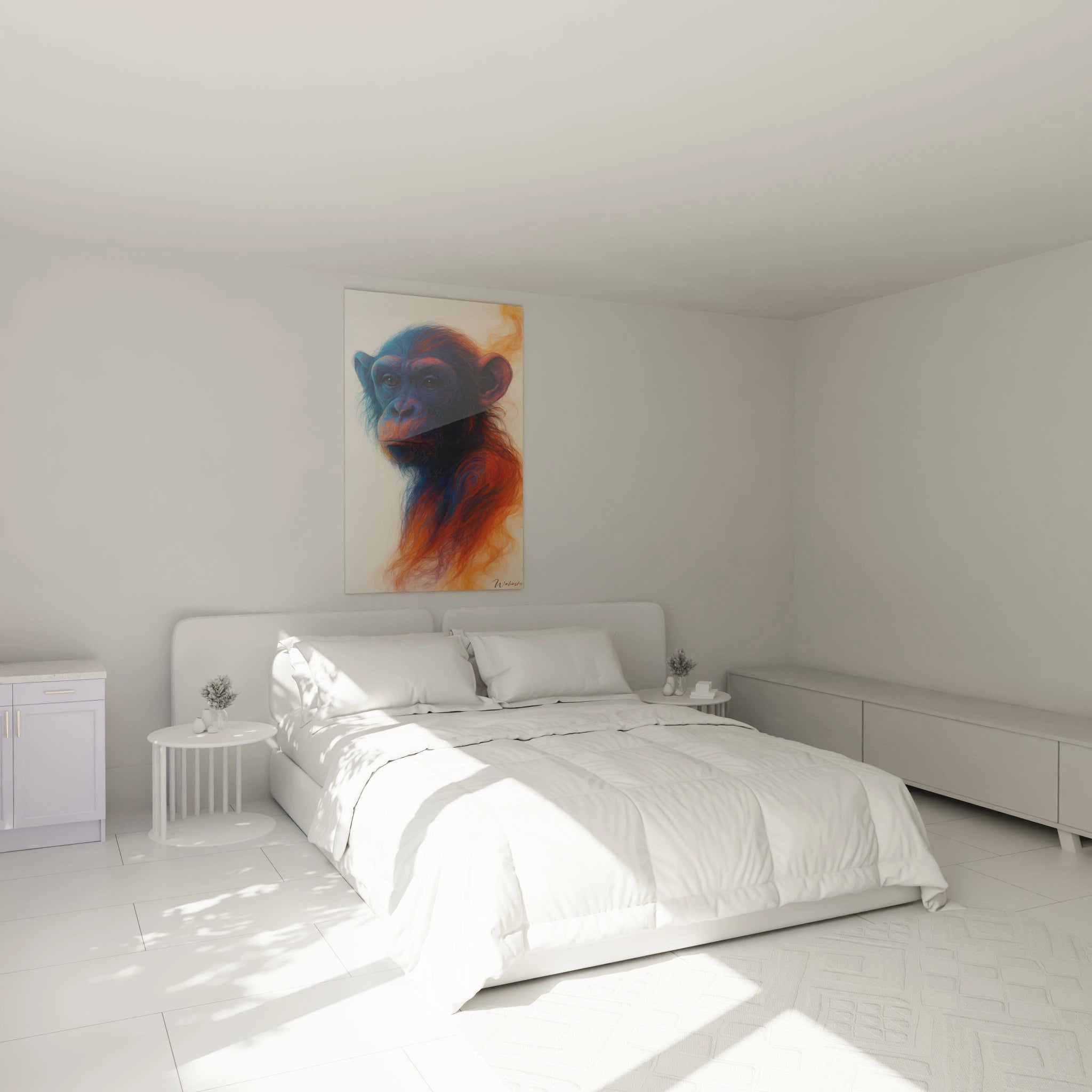 Un tableau singe expressif présentant un portrait de primate en gros plan, aux couleurs bleues profondes et oranges vibrantes qui s'entrelacent, créant un effet éthéré et fluide avec des contours diffus.