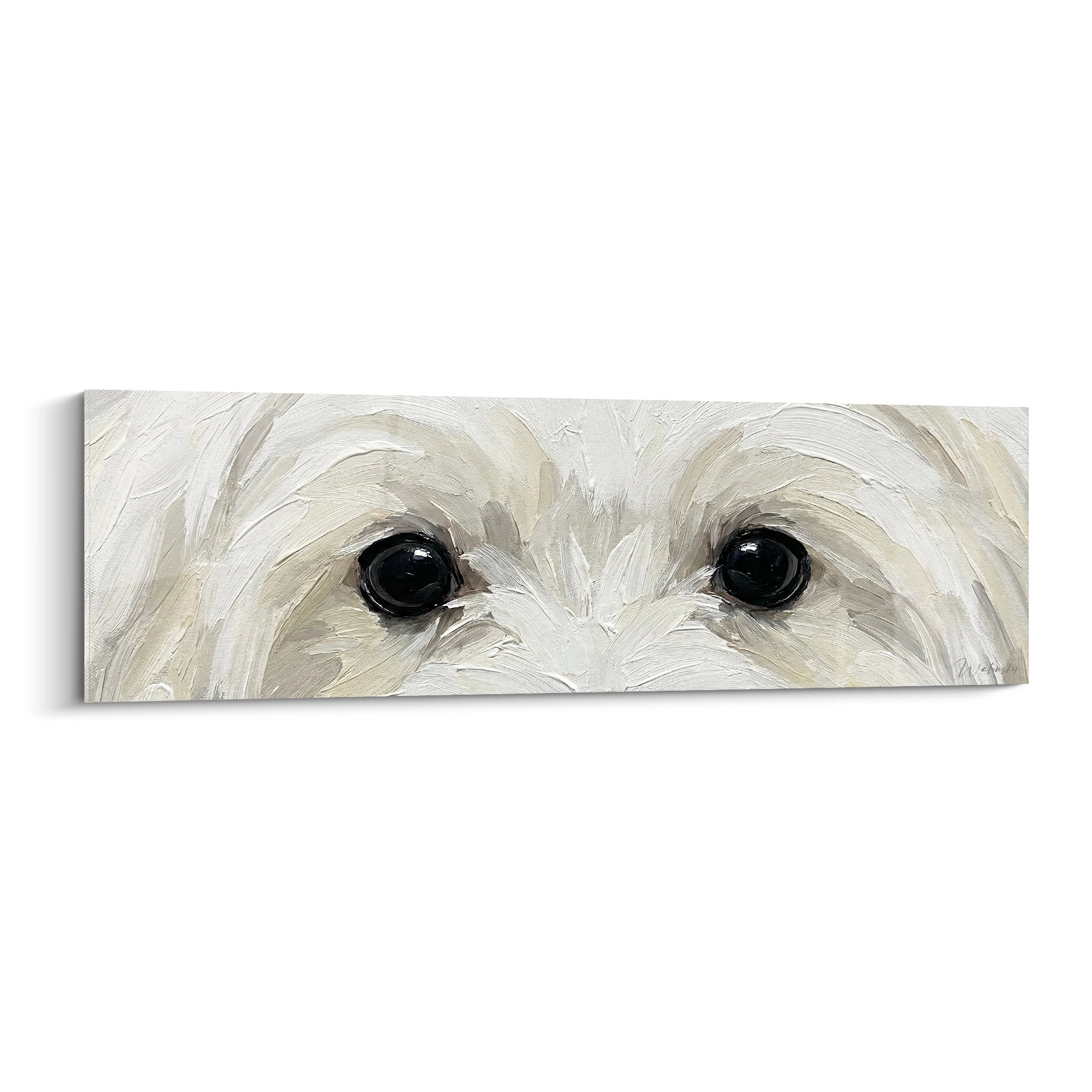 Tableau regard perçant Bichon Maltais yeux noirs sur pelage blanc nacré format panoramique