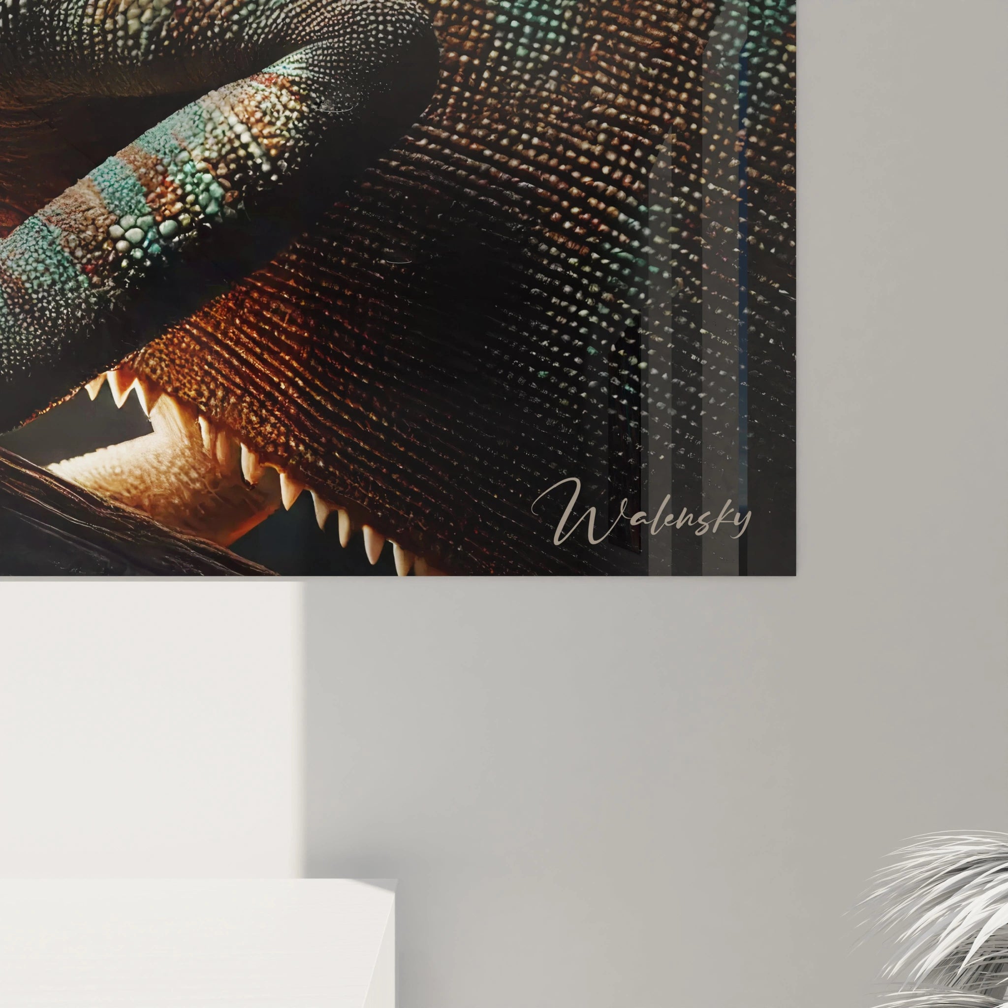 tableau caméléon vue de pres : La finesse des écailles et la lumière subtile de ce tableau caméléon révèlent chaque détail captivant de l'animal, parfait pour une ambiance moderne et naturelle.