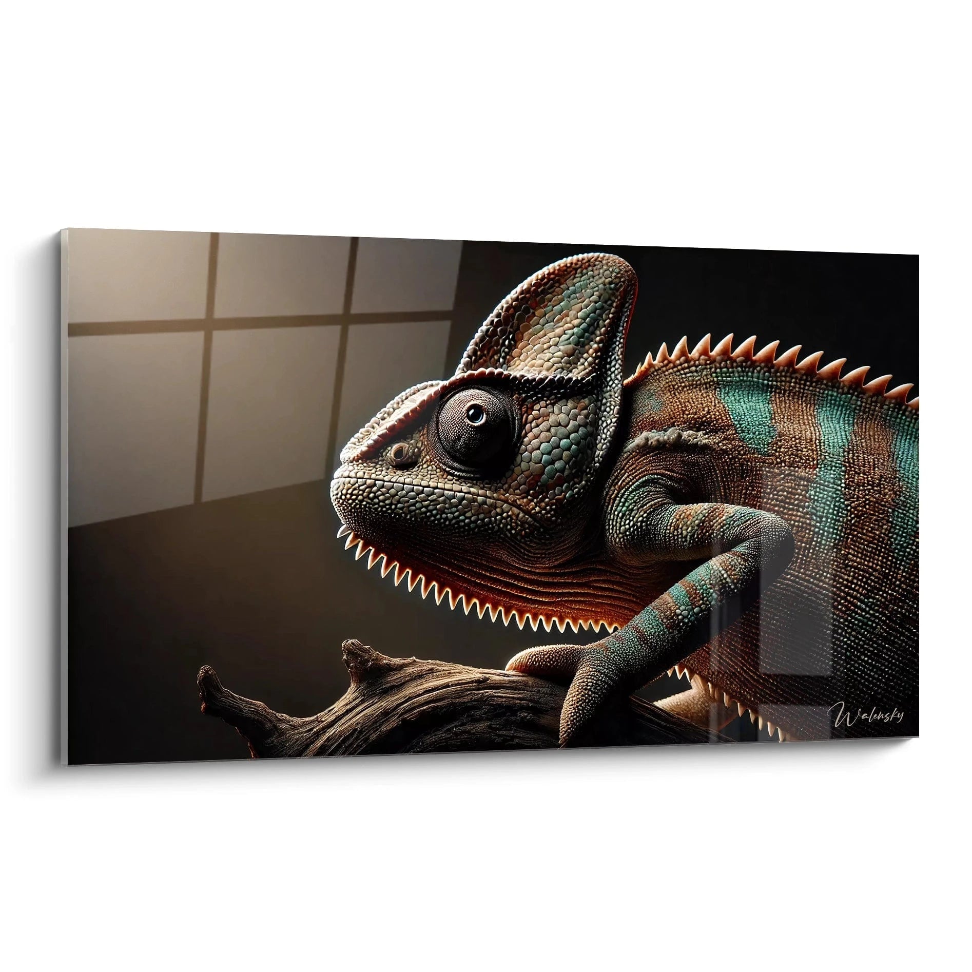 tableau caméléon vu de biais : Ce tableau caméléon capture les détails fascinants du reptile avec un réalisme saisissant et des nuances vibrantes parfaites pour sublimer votre espace.